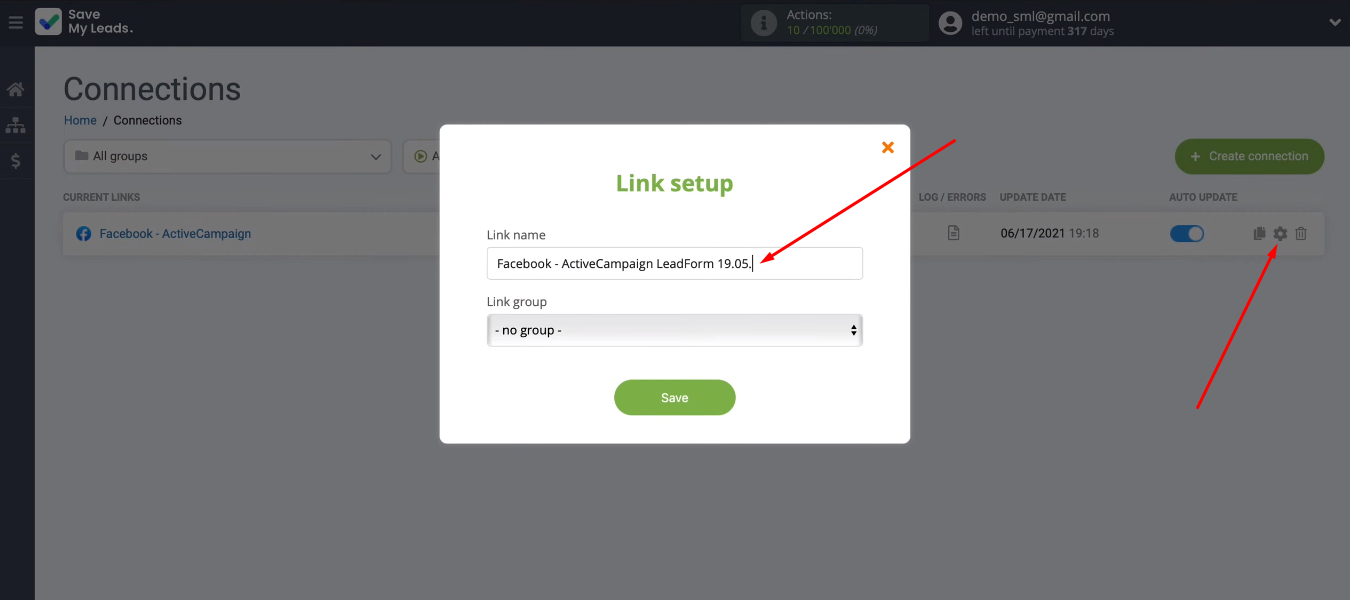 Facebook and ActiveCampaign integration | Press "gear" and change the name of the connection Facebook and ActiveCampaign integration | Press "gear" and change the name of the connection 