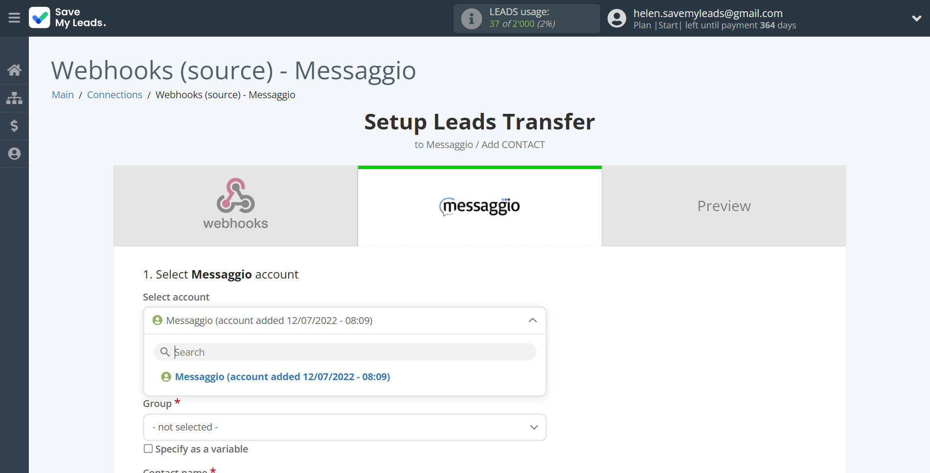 How to Connect Webhooks with Messaggio | Data Destination account selection