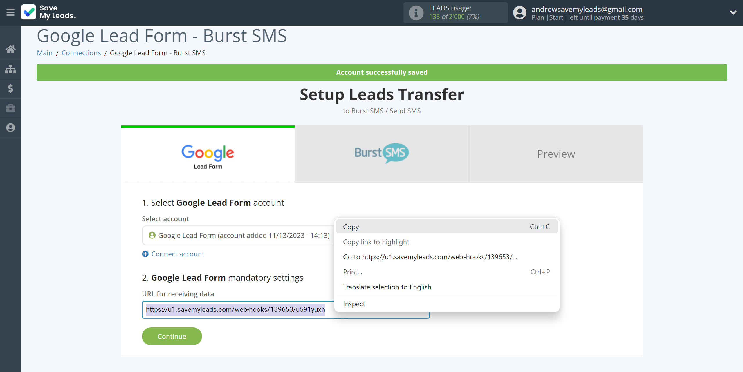 How to Connect Google Lead Form with Burst SMS | Data Source account connection