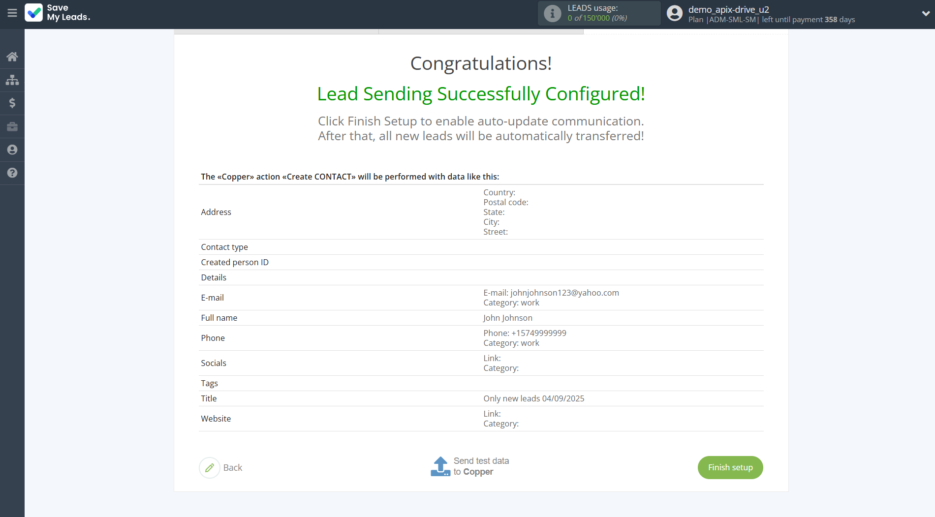 How to Connect Facebook with Copper Create Contacts | Test data