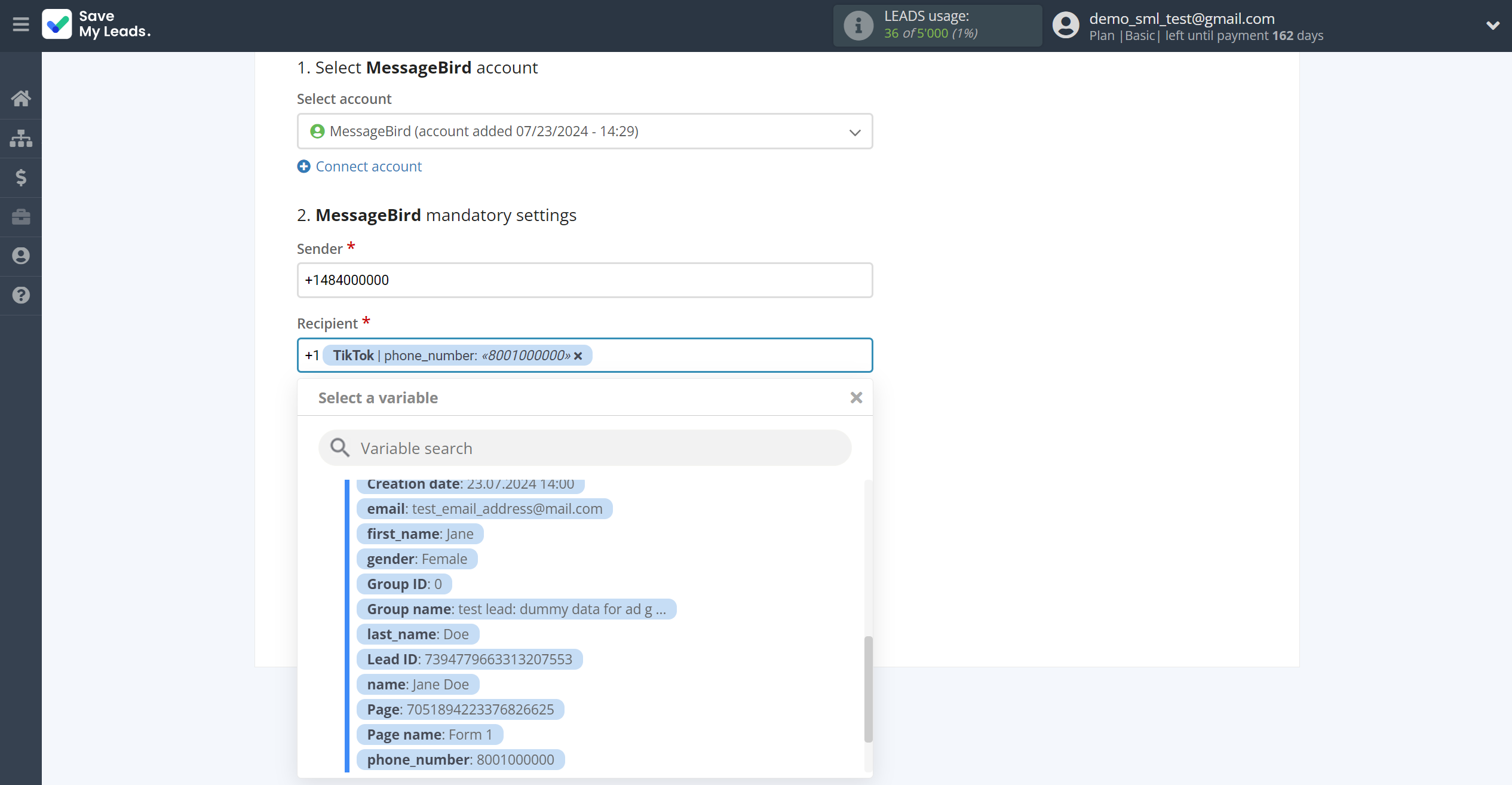 How to Connect TikTok with MessageBird | Assigning fields