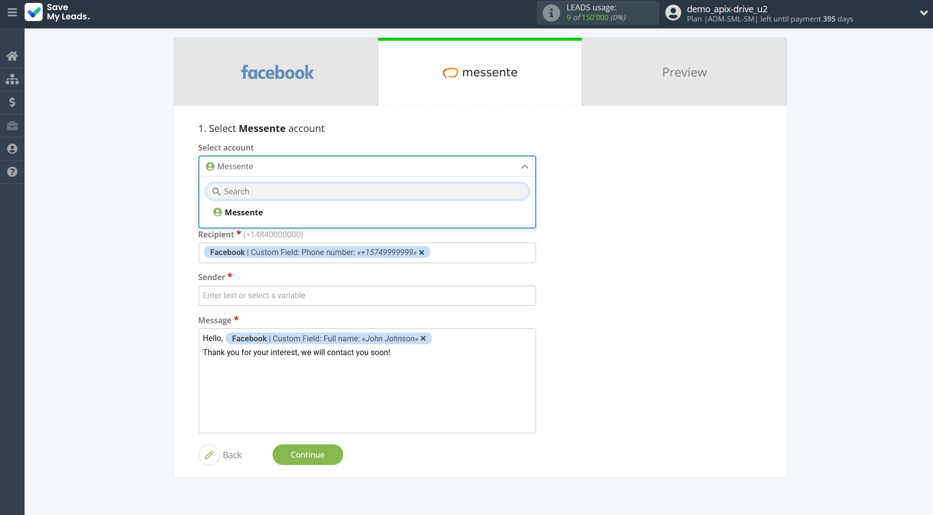 How to Connect Facebook with Messente | Data Destination account selection How to Connect Facebook with Messente | Data Destination account selection