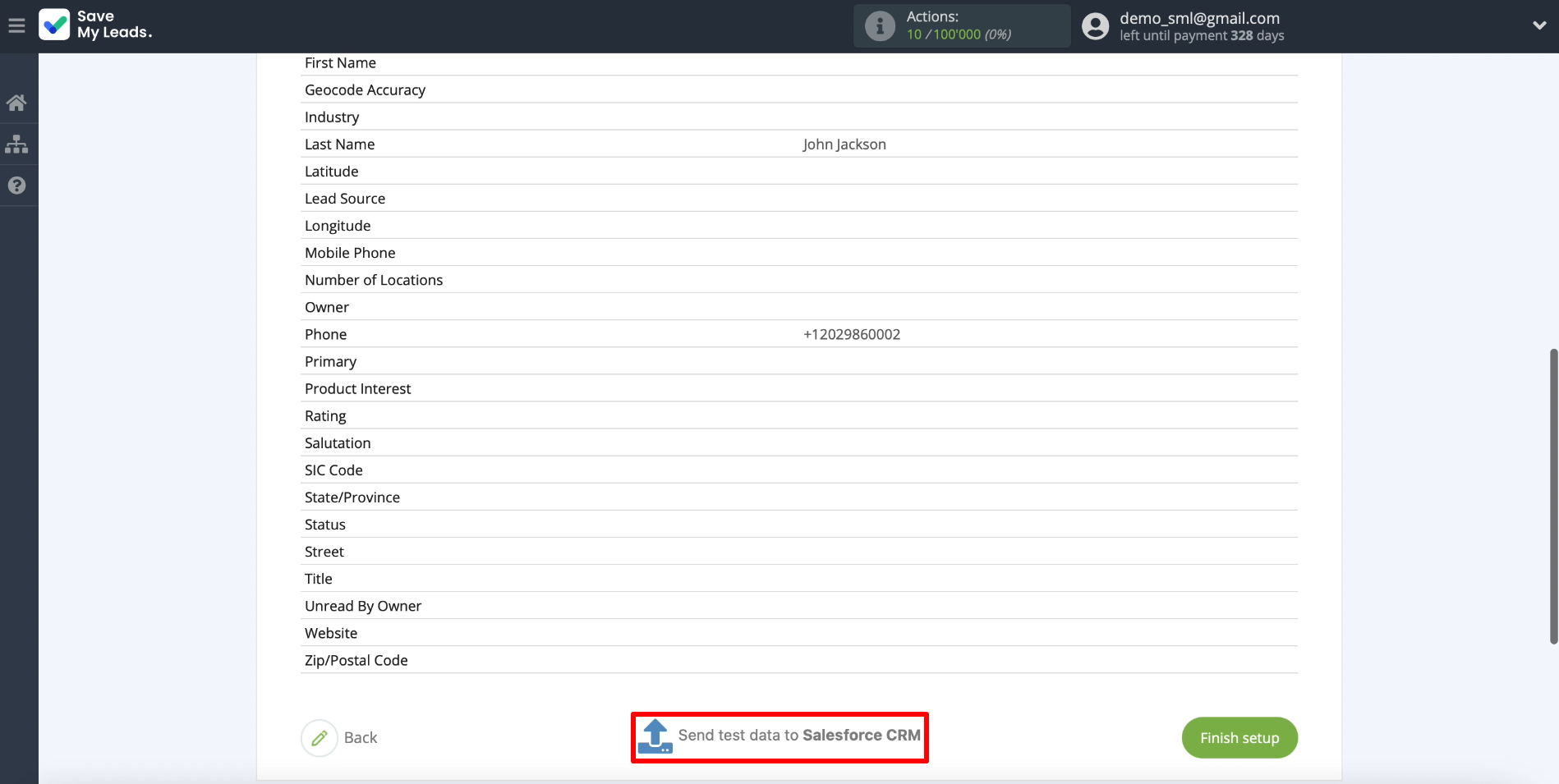 Salesforce and Facebook integration | Sending test data Salesforce and Facebook integration | Sending test data