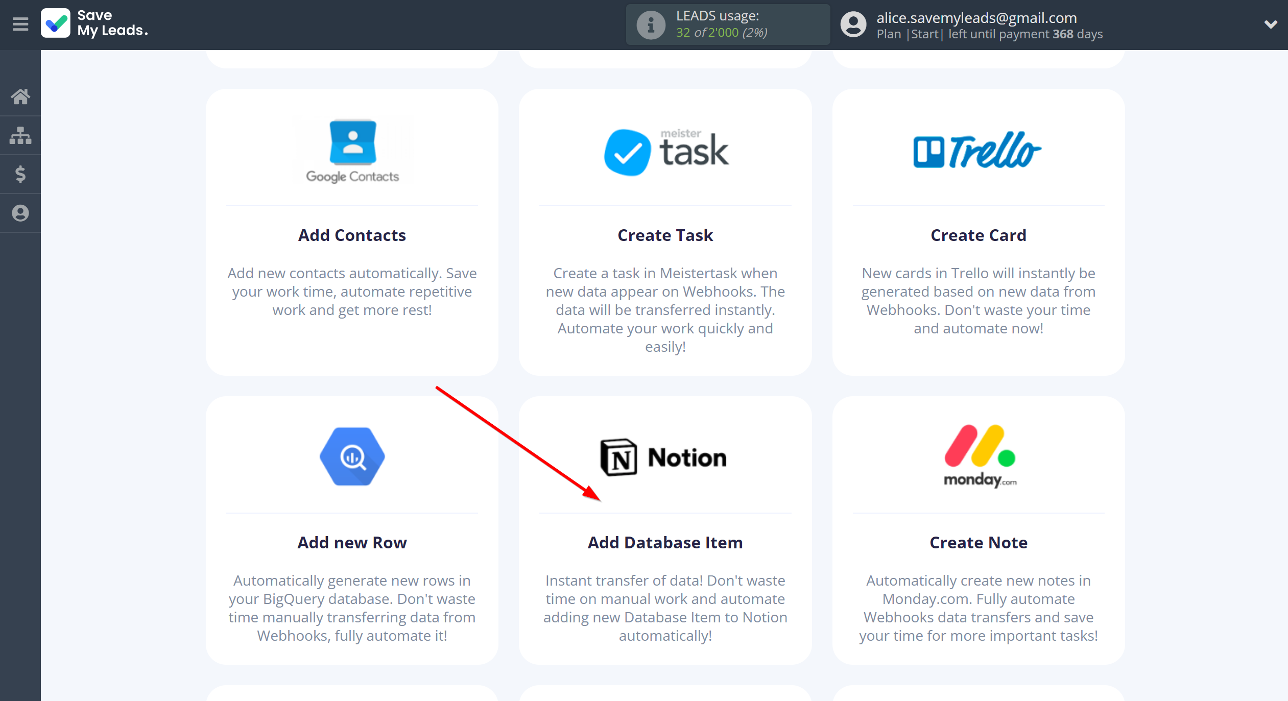 How to Connect Webhooks with Notion | Data Destination system selection