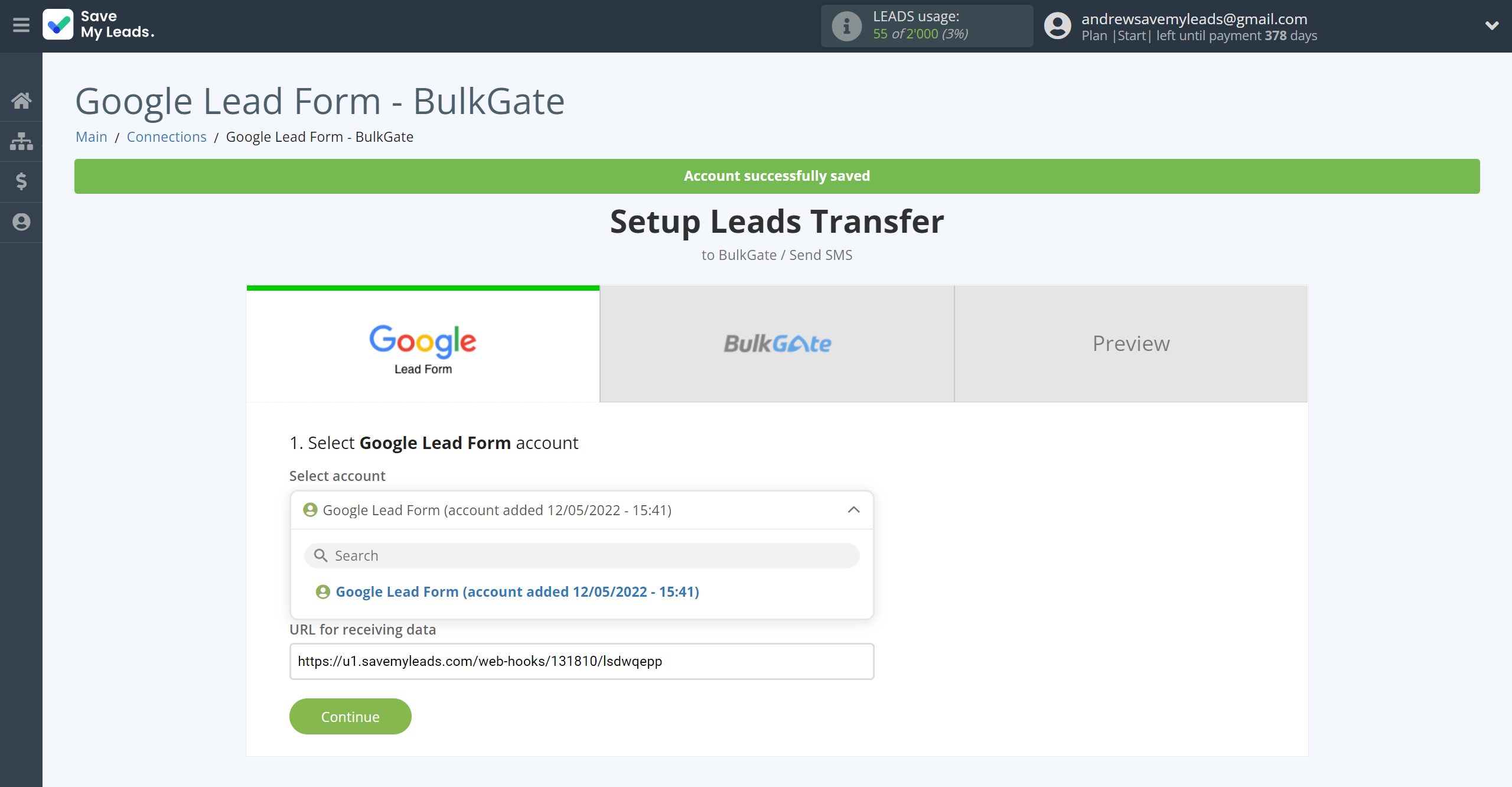 How to Connect Google Lead Form with BulkGate | Data Source account selection