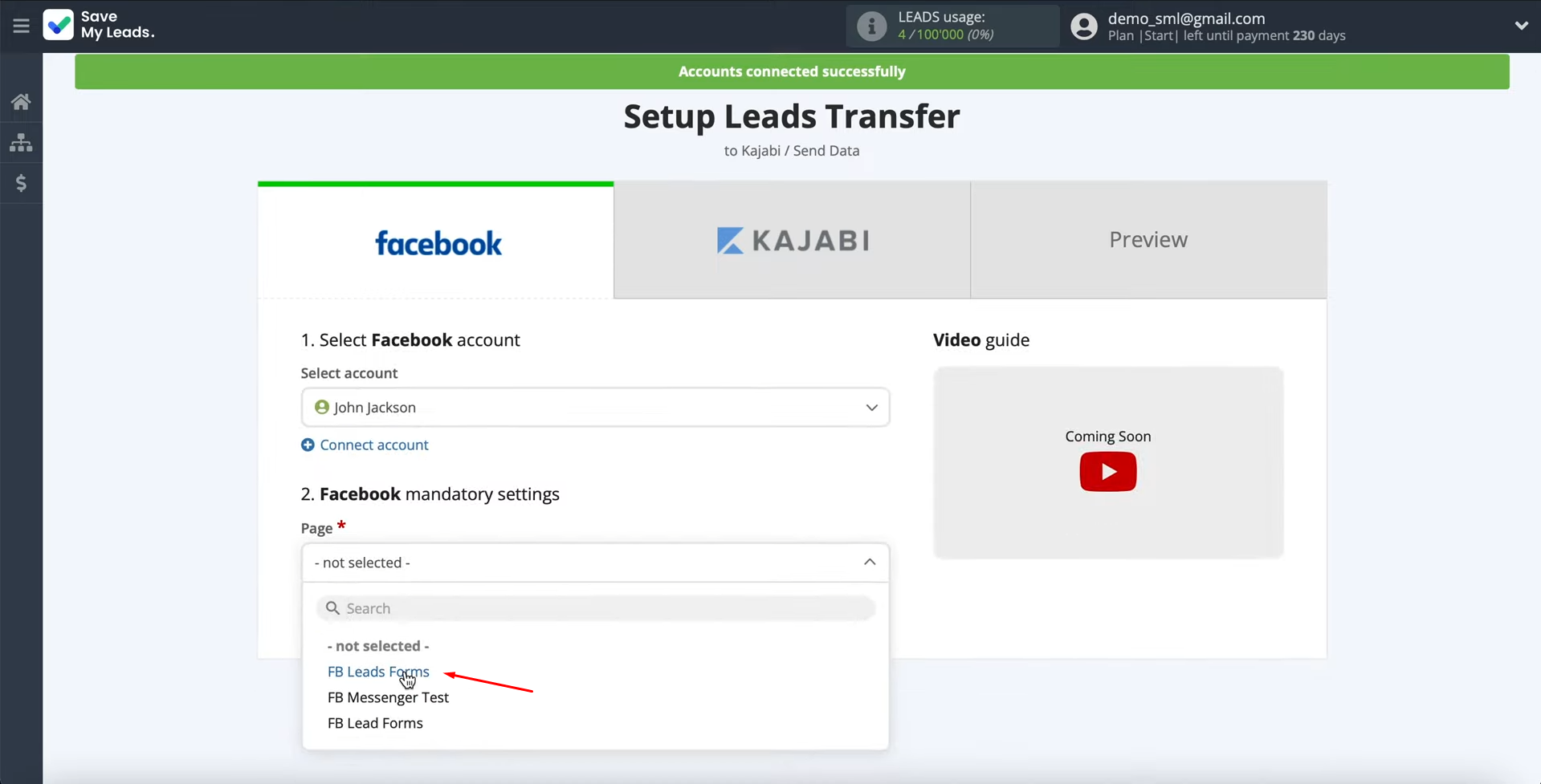 Facebook Leads Ads and Kajabi integration | Select the advertising page