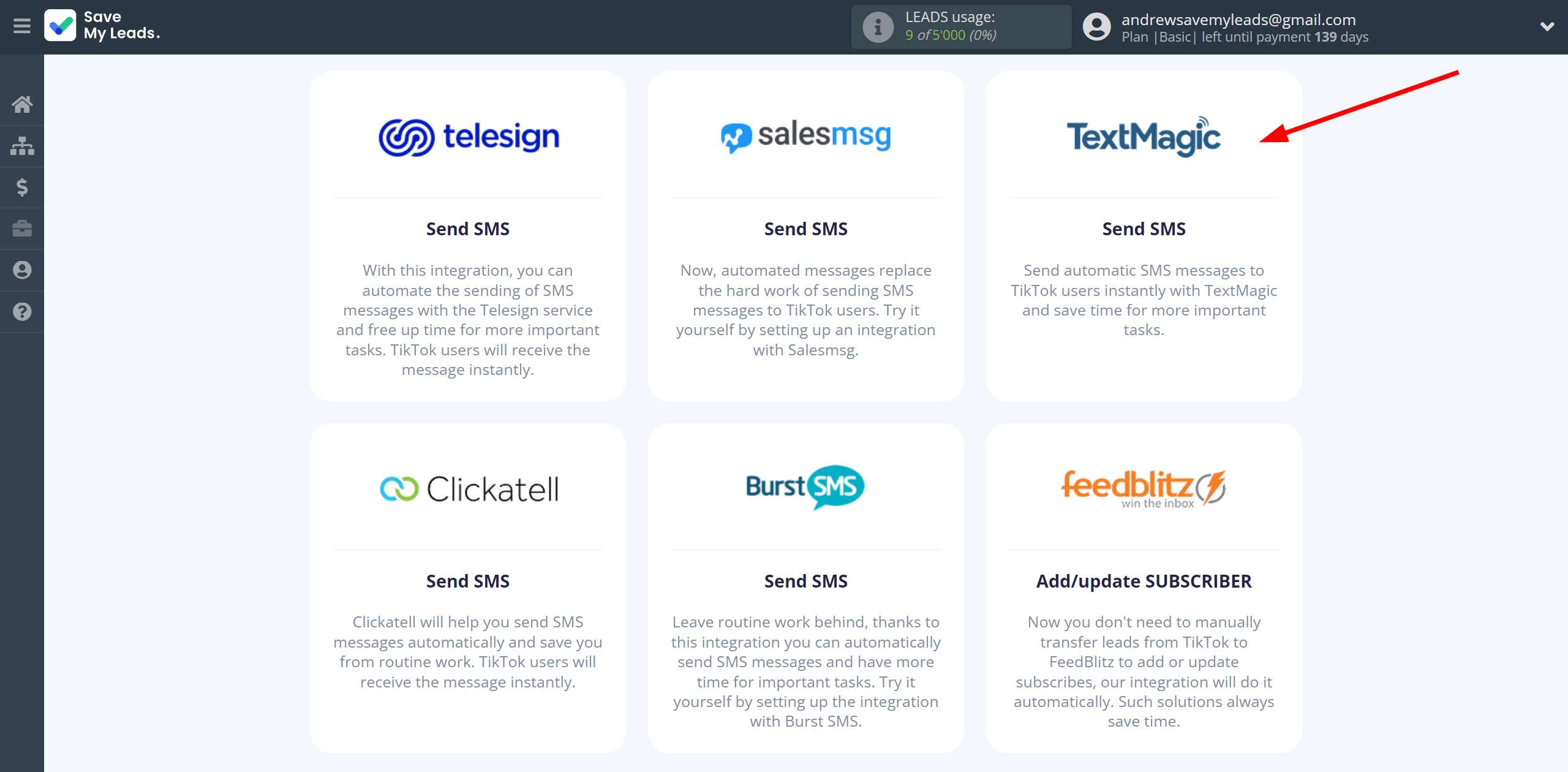 How to Connect TikTok with TextMagic | Data Destination system selection