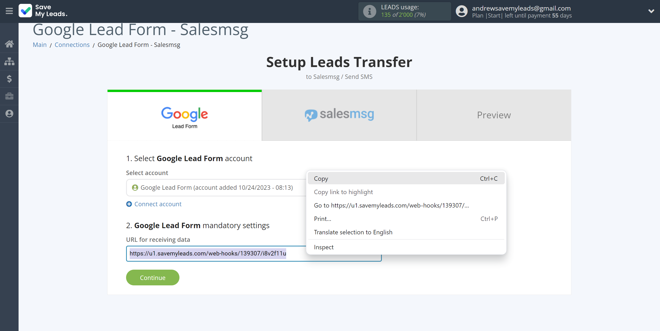 How to Connect Google Lead Form with Salesmsg | Data Source account connection