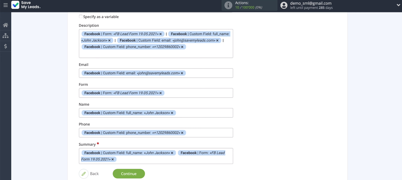 Facebook and Jira Software Cloud integration | The preset values Facebook and Jira Software Cloud integration | The preset values