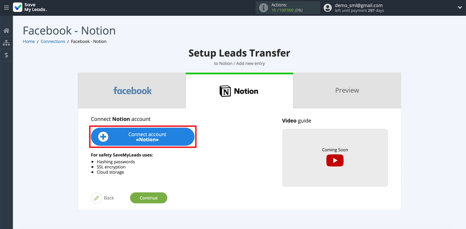 How to set up the upload of new leads from your Facebook ad account to Notion |&nbsp;Connecting Notion account