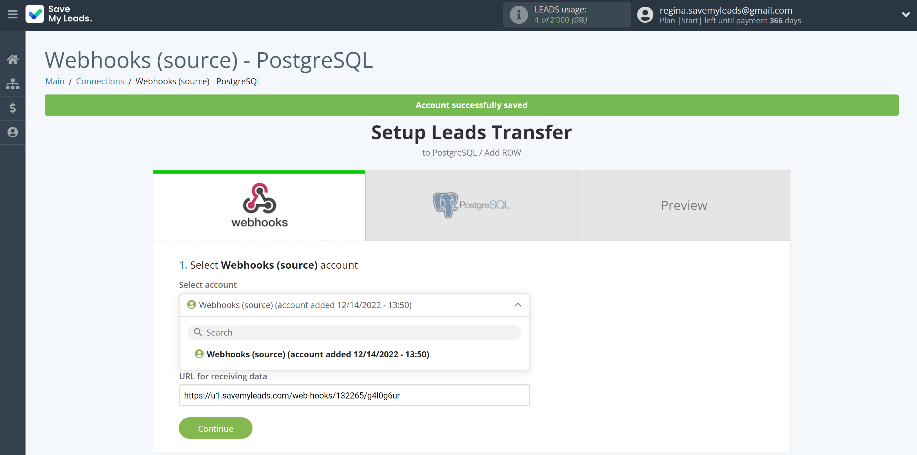 How to Connect Webhooks with PostgreSQL | Data Source account selection