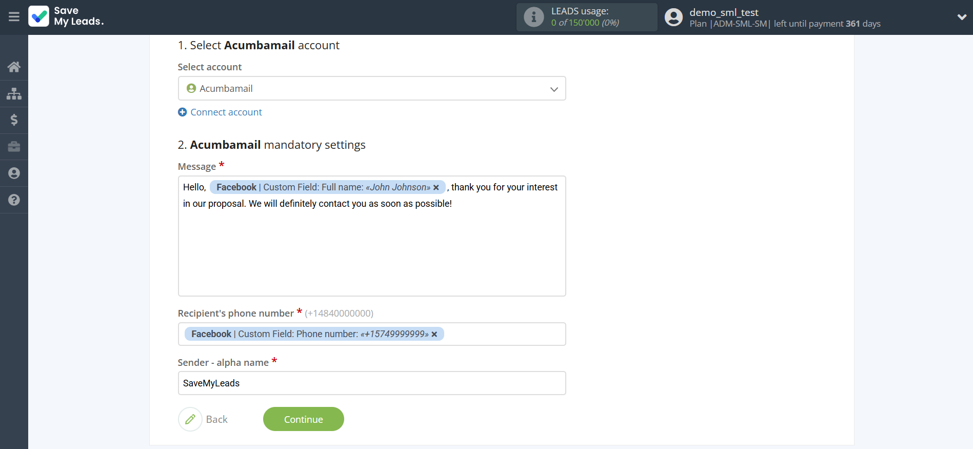 How to Connect Facebook with Acumbamail Send SMS | Assigning fields