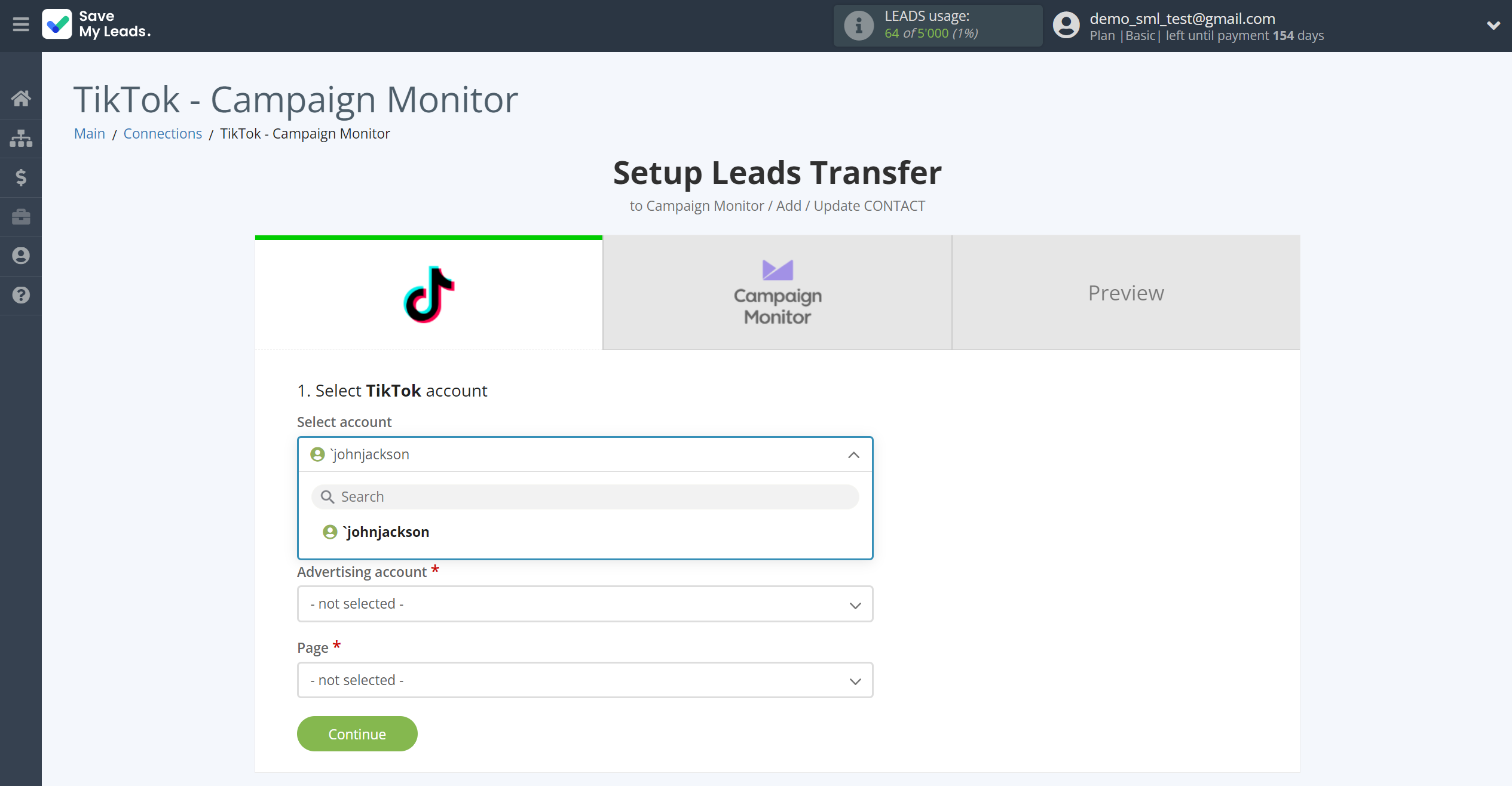 How to Connect TikTok with Campaign Monitor | Data Source account selection