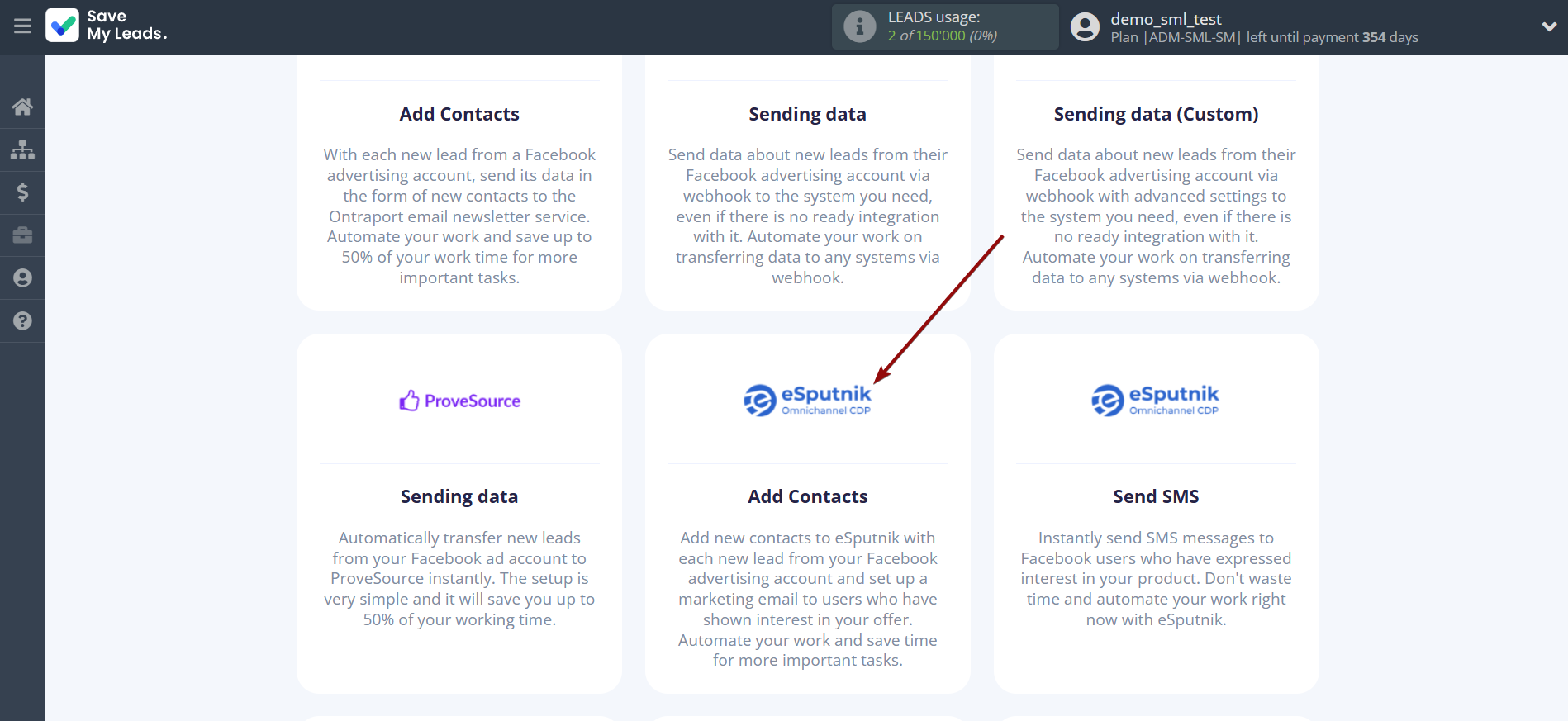 How to Connect Facebook with eSputnik Add Contacts | Data Destination system selection How to Connect Facebook with eSputnik Add Contacts | Data Destination system selection