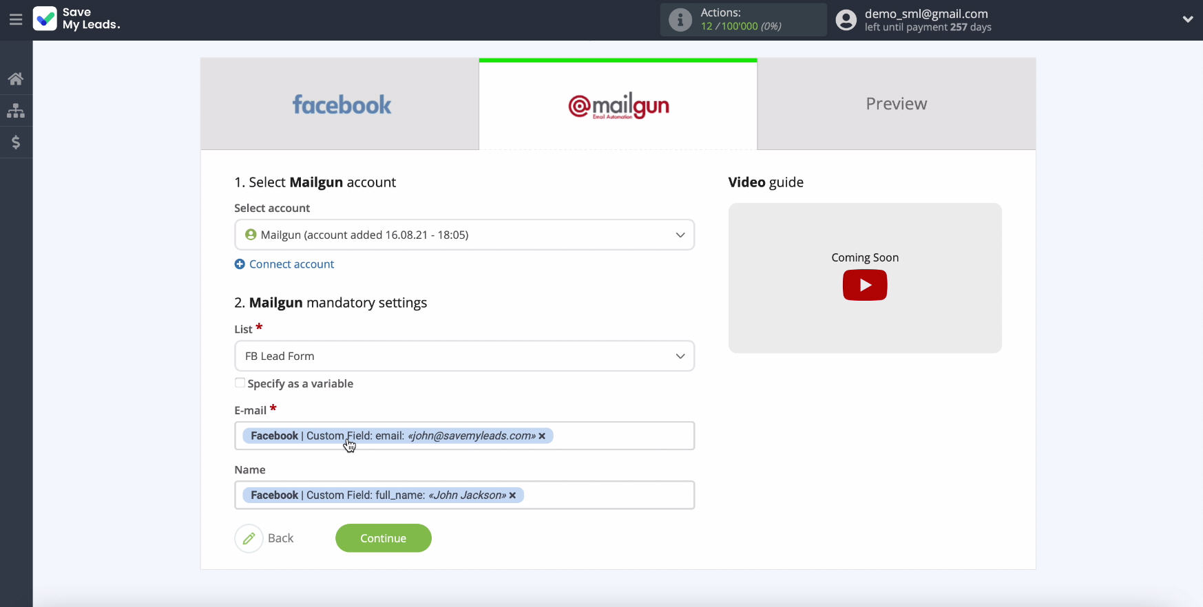 Facebook and Mailgun integration | Fields for creating a contact