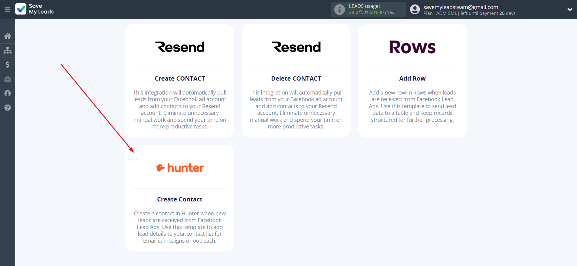 How to Connect Facebook with Hunter.io&nbsp; | Data Destination system selection