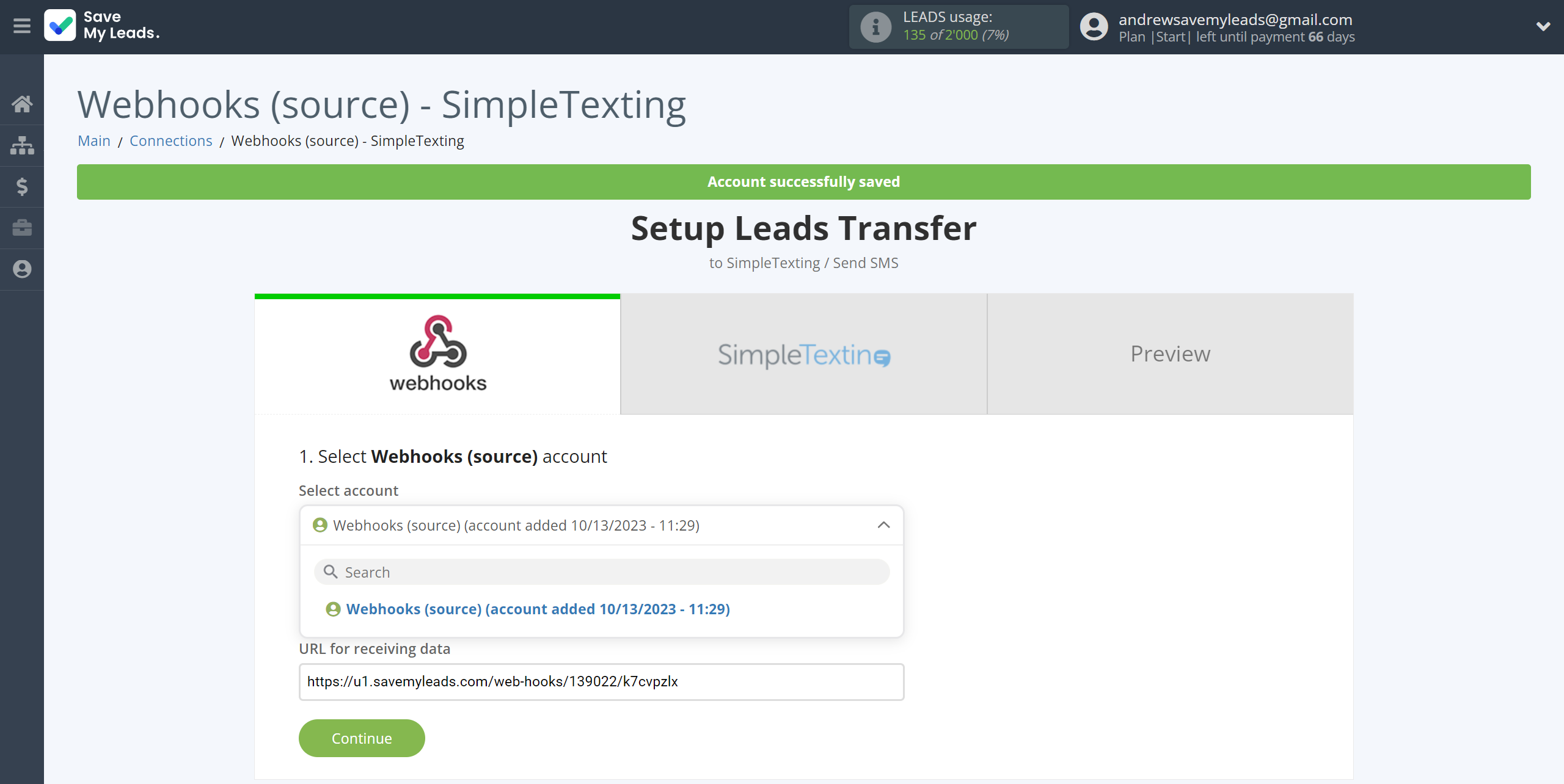How to Connect Webhooks with SimpleTexting | Data Source account selection