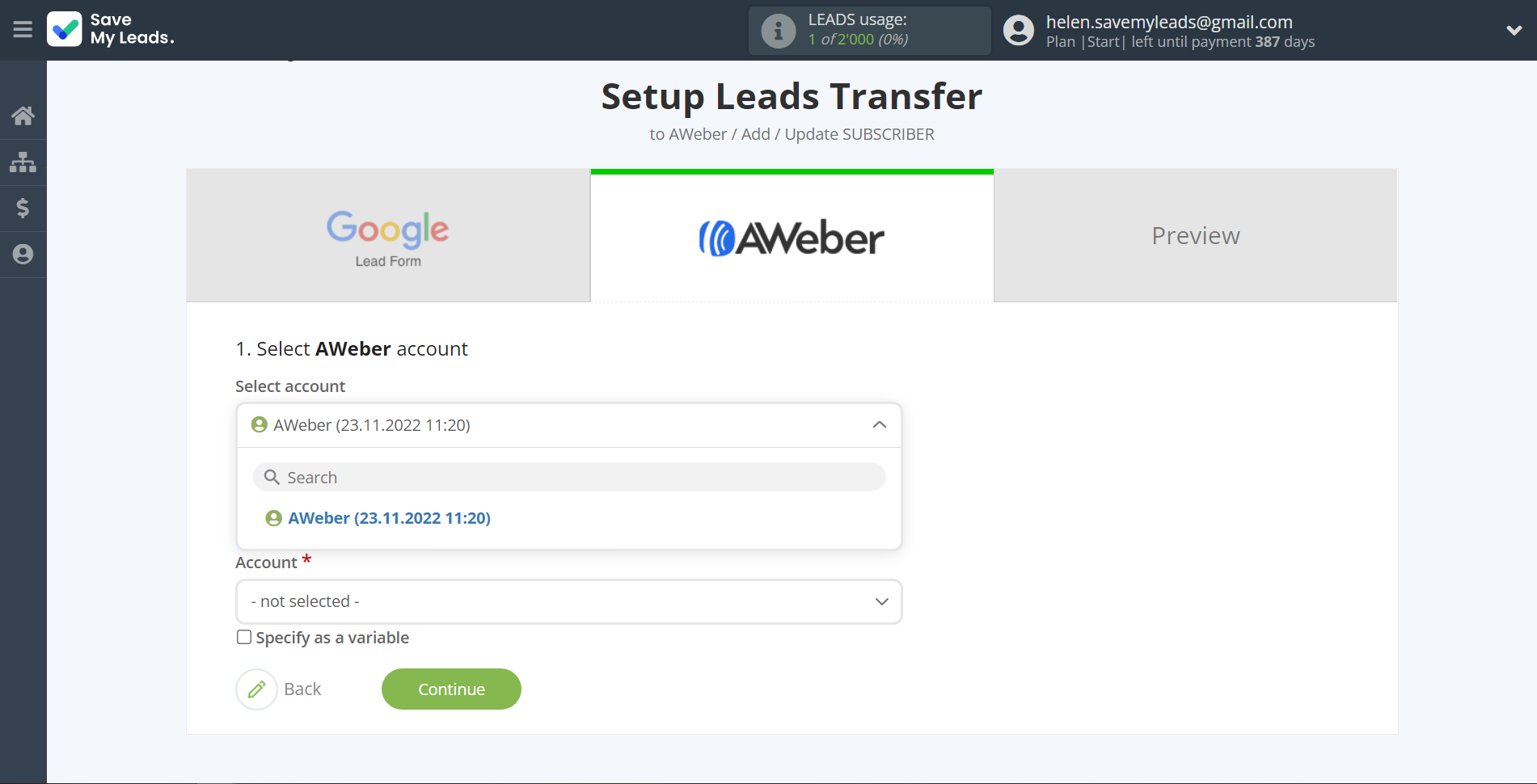 How to Connect Google Lead Form with AWeber | Data Destination account selection