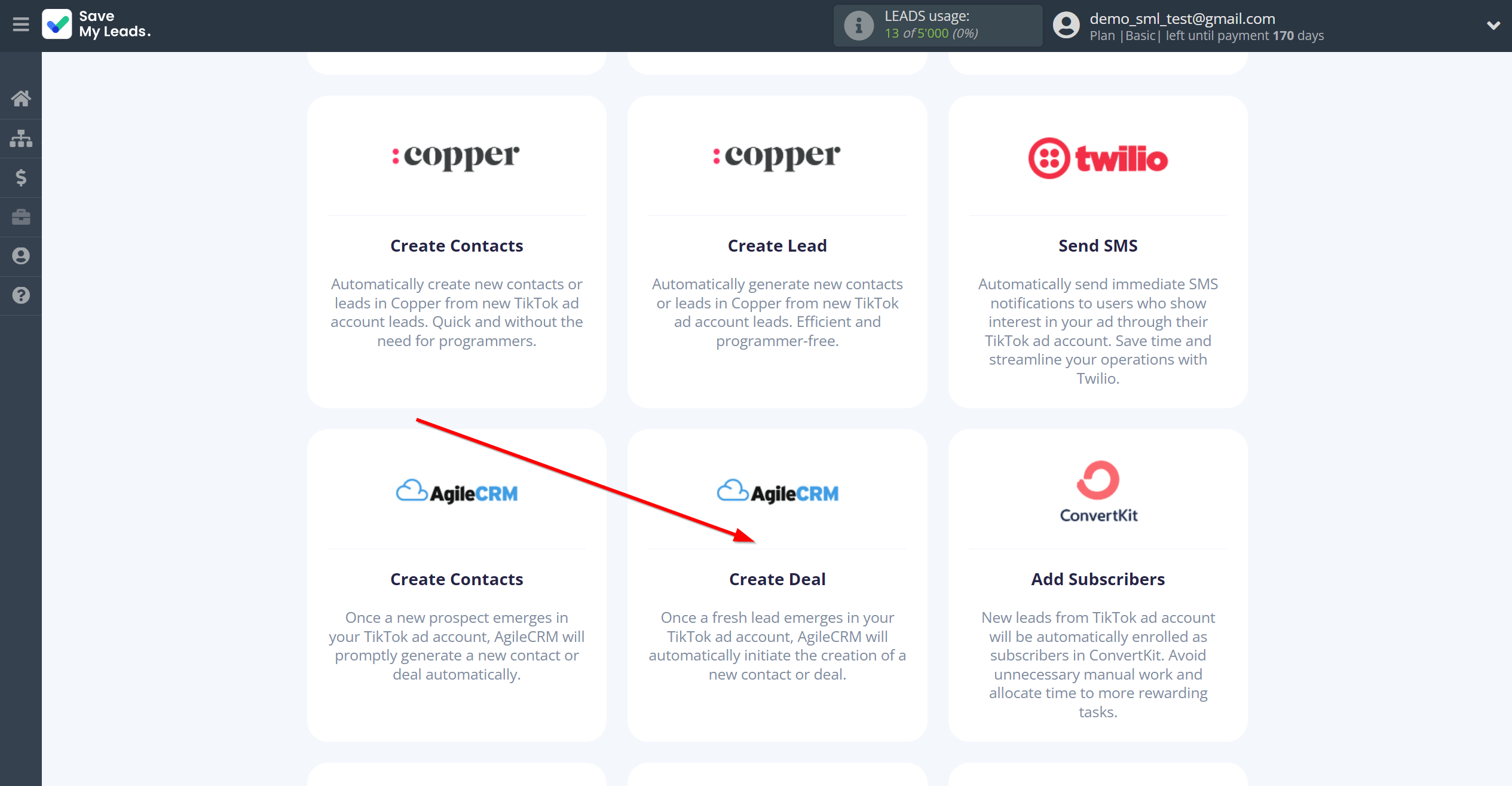 How to Connect TikTok with AgileCRM Create Deal | Data Destination system selection