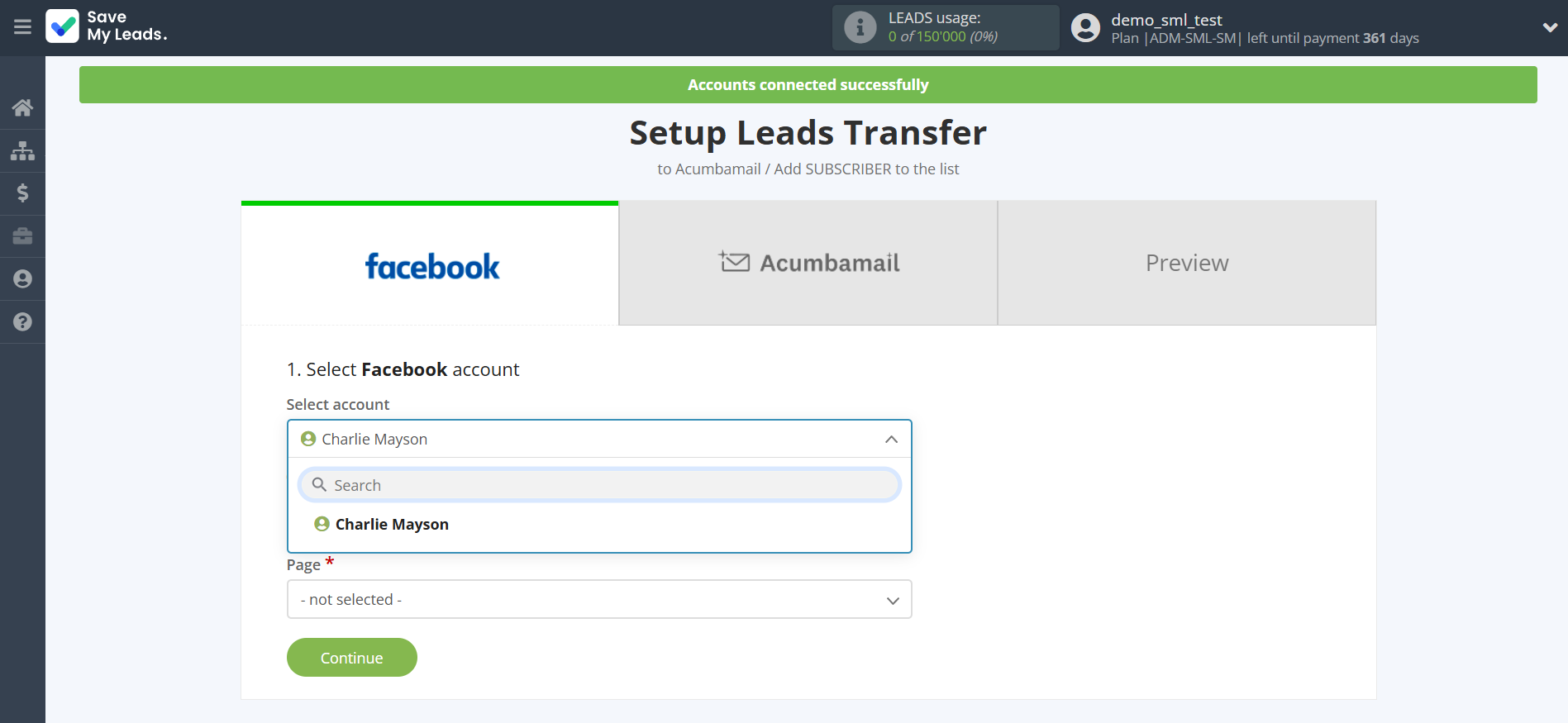 How to Connect Facebook with Acumbamail Add Subscribers | Data Source account selection
