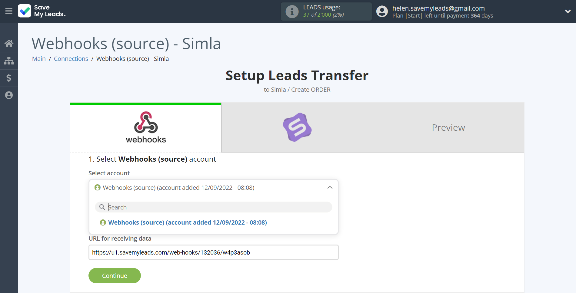 How to Connect Webhooks with Simla Create Order | Data Source account selection