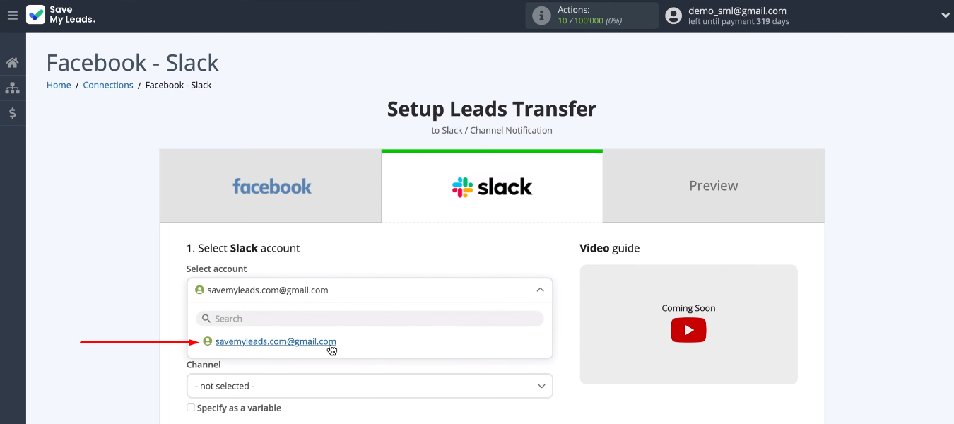 Facebook and Slack integration | Select the Slack account