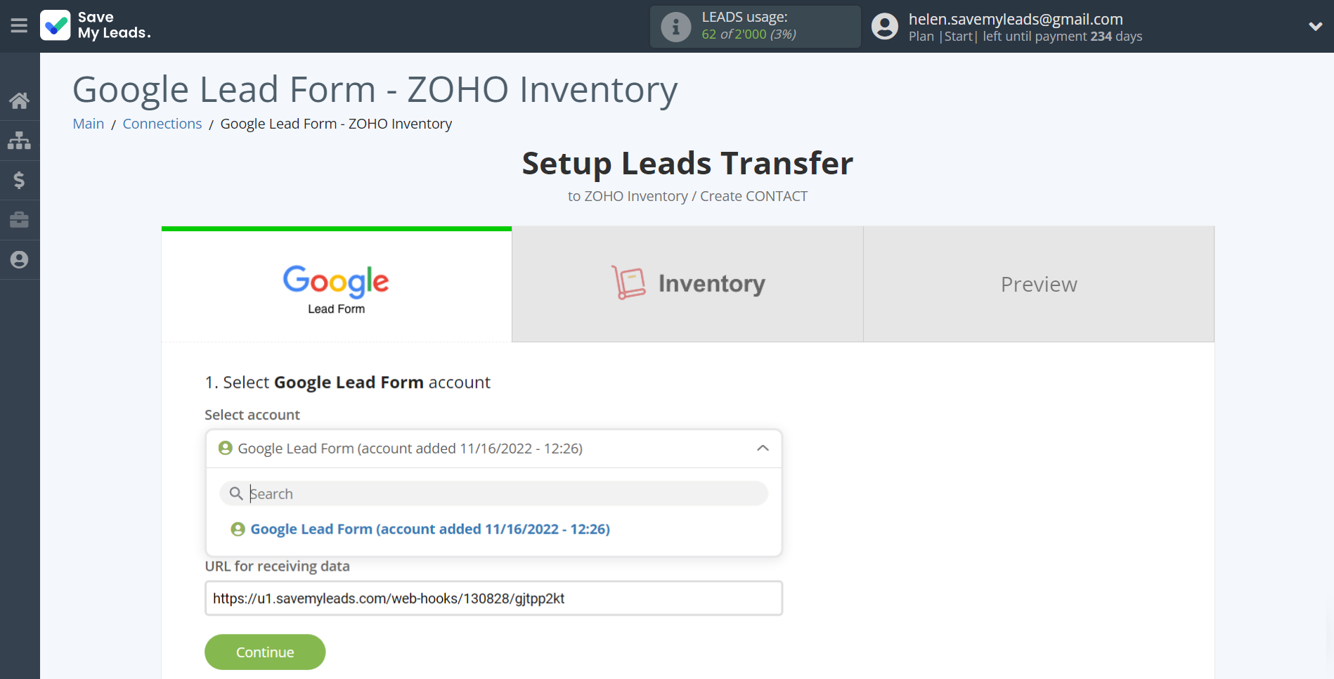 How to Connect Google Lead Form with Zoho Inventory Create Contacts | Data Source account selection