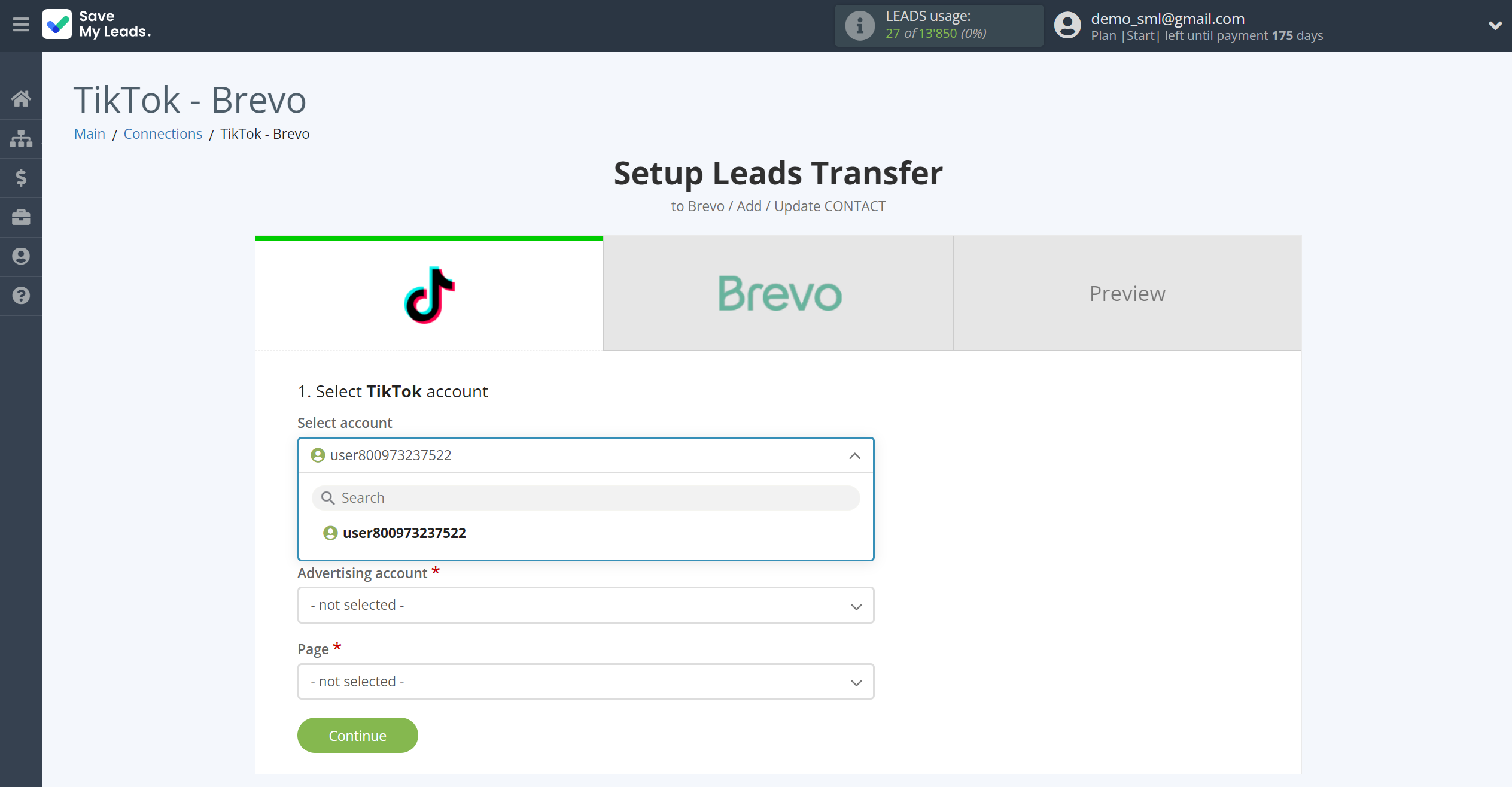 How to Connect TikTok with Brevo | Data Source account selection