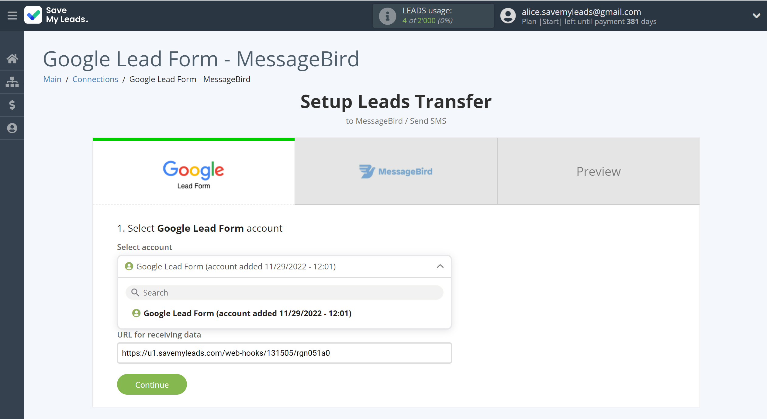 How to Connect Google Lead Form with MessageBird | Data Source account selection