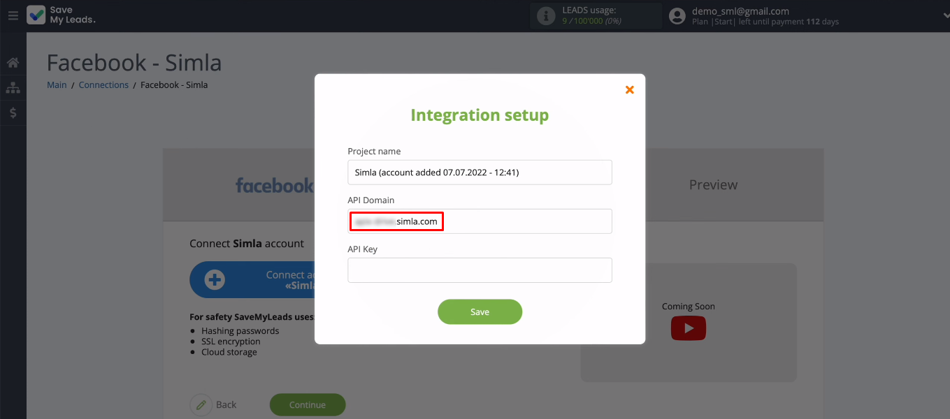 Facebook and Simla integration | Fill in the&nbsp;“API Domain” field