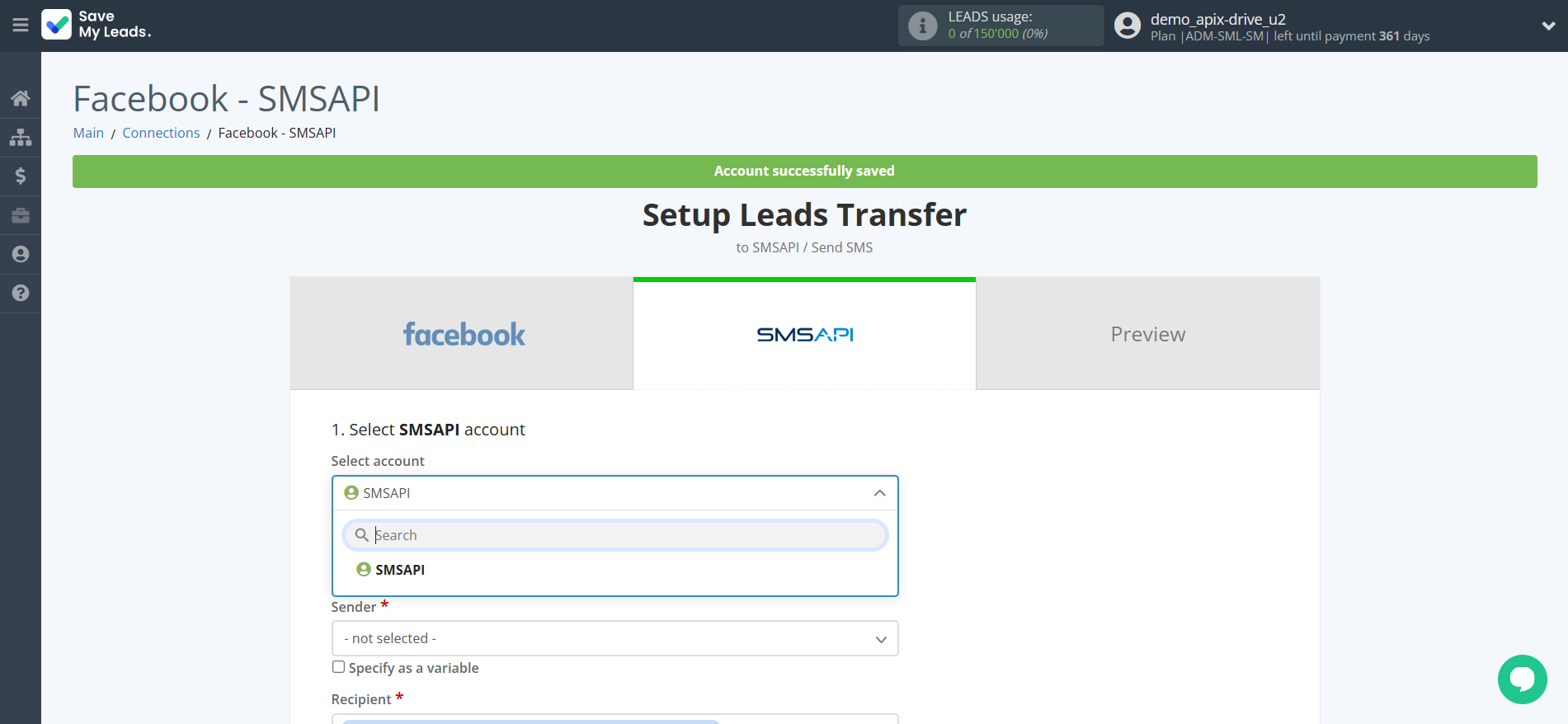 How to Connect Facebook with SMSAPI | Data Destination account selection