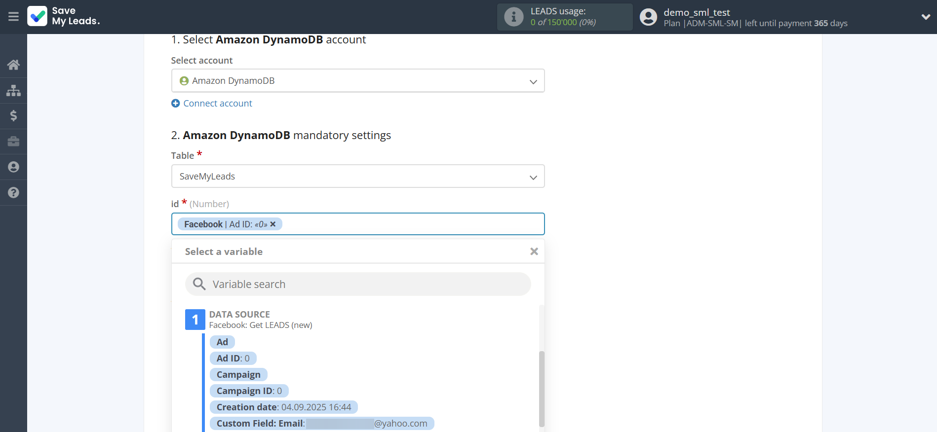 How to Connect Facebook with Amazon DynamoDB | Assigning fields