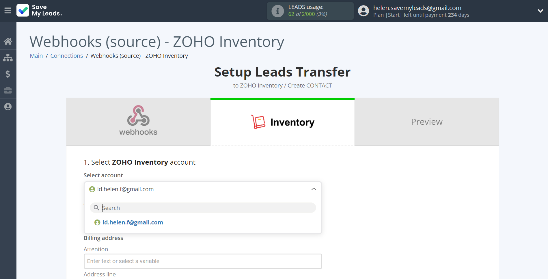 How to Connect Webhooks with Zoho Inventory Create Contacts | Data Destination account selection