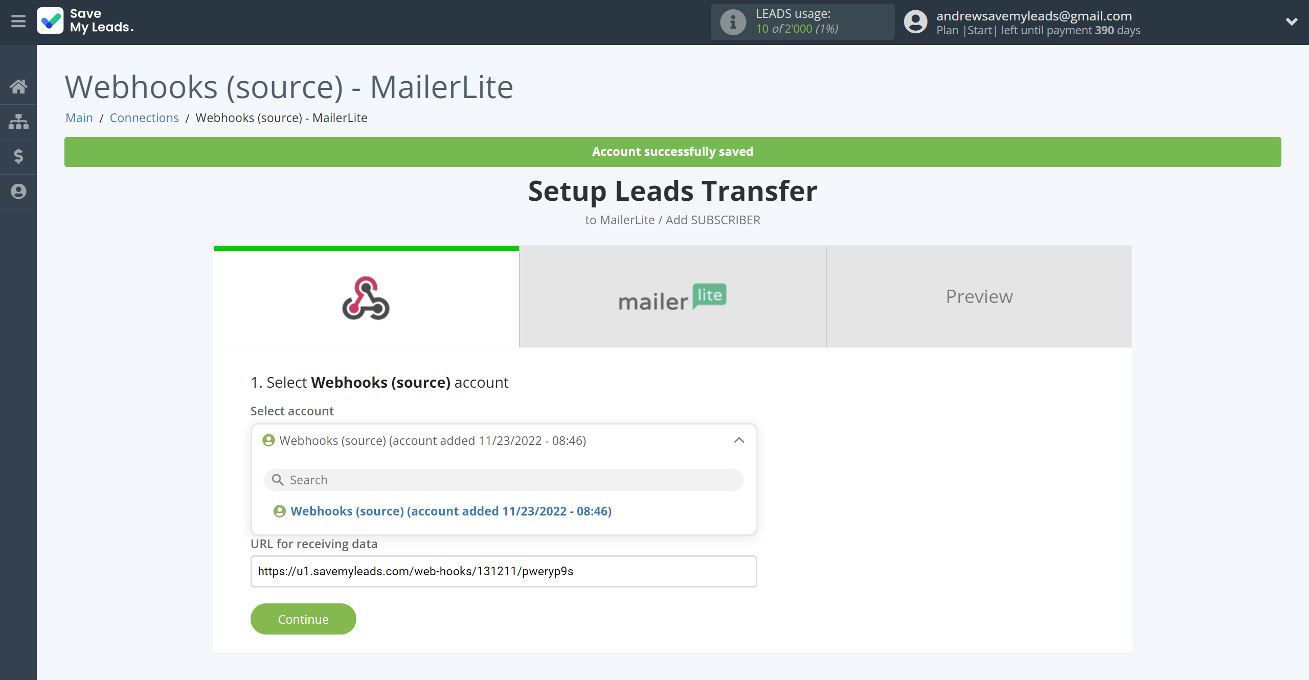 How to Connect Webhooks with MailerLite | Data Source account selection