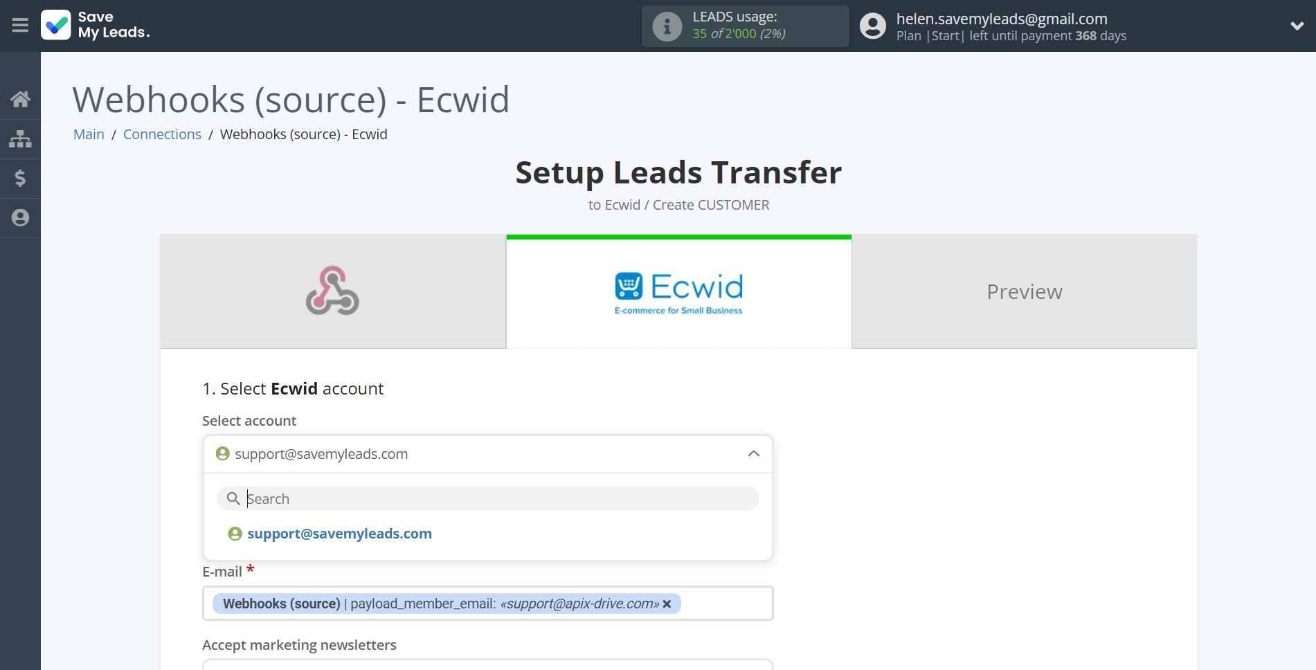 How to Connect Webhooks with Ecwid Create Customers | Data Destination account selection