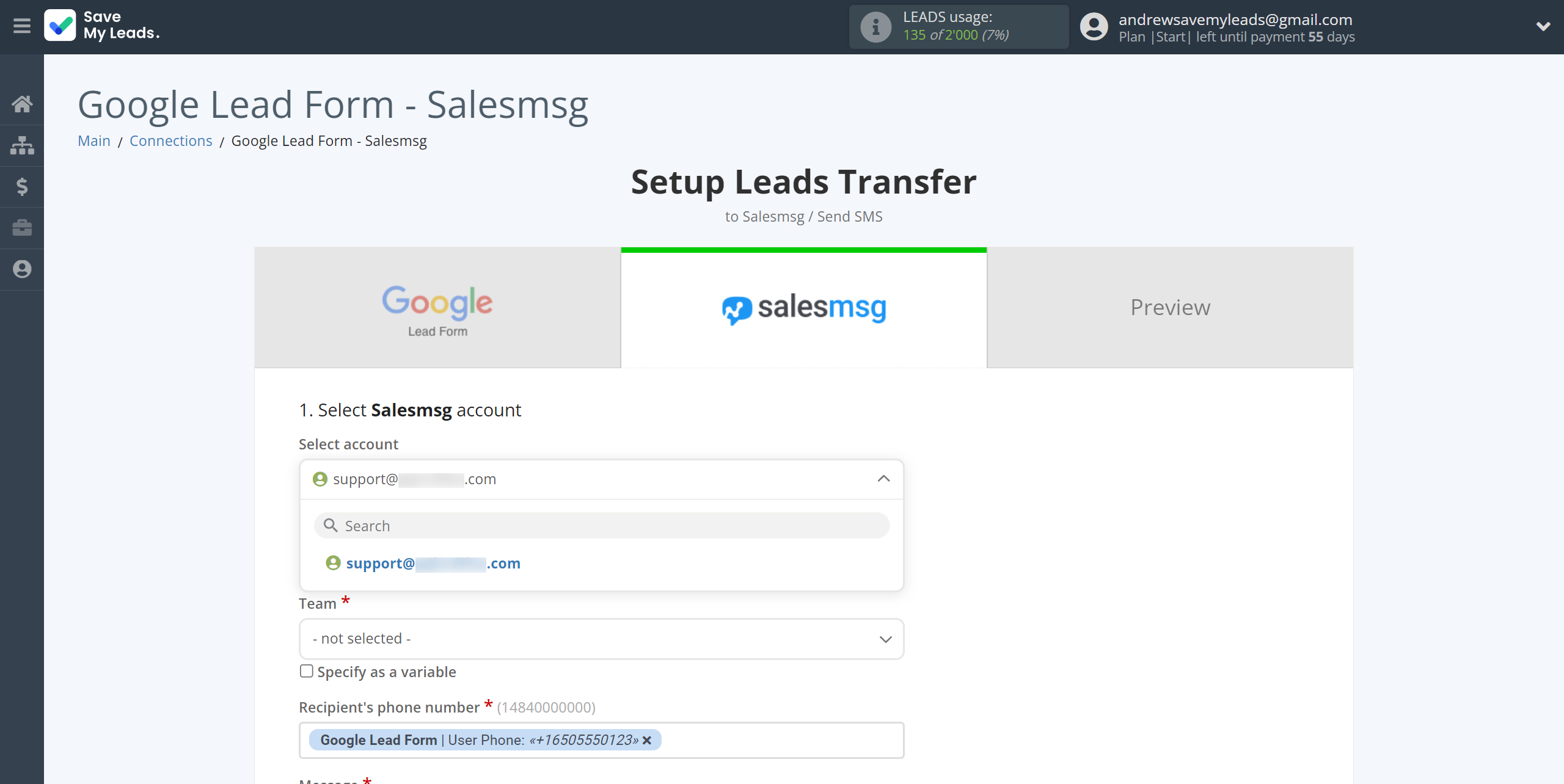 How to Connect Google Lead Form with Salesmsg | Data Destination account selection