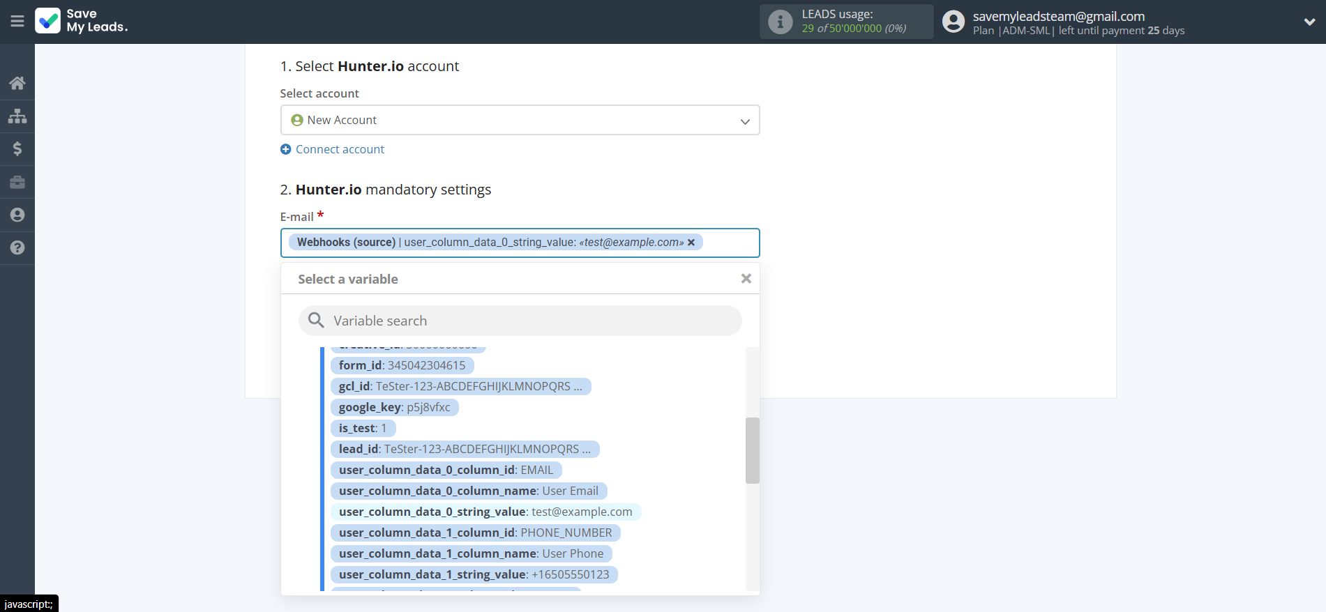 How to Connect Webhooks with Hunter.io Create Contact | Assigning fields