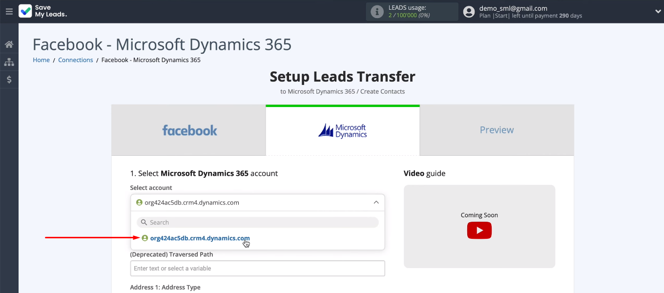 Facebook and Microsoft Dynamics 365 integration | Select&nbsp;Microsoft Dynamics 365 account