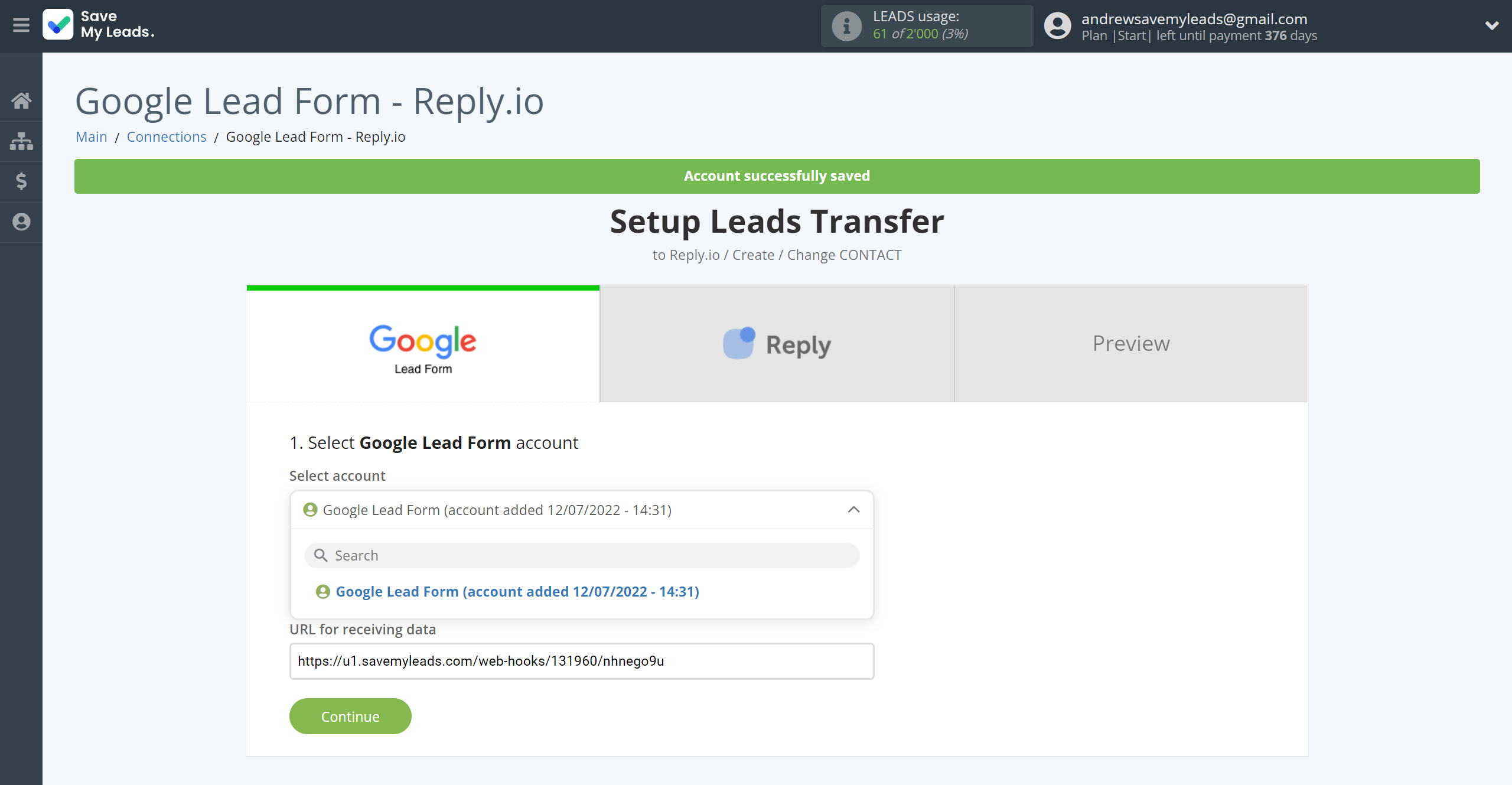 How to Connect Google Lead Form with Reply.io | Data Source account selection