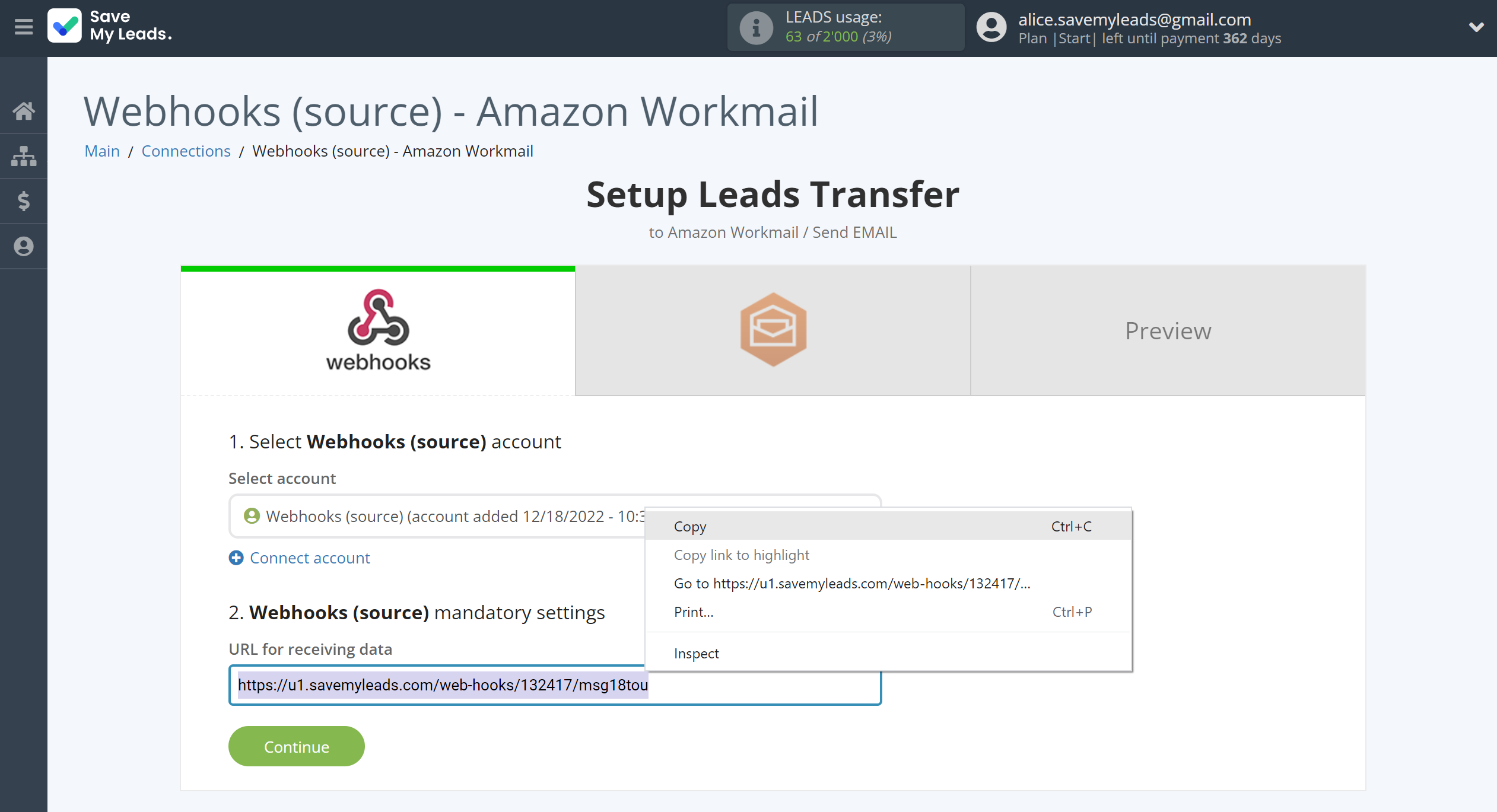 How to Connect Webhooks with Amazon Workmail | Data Source account connection