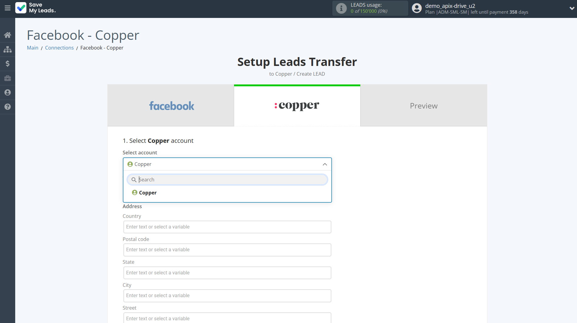 How to Connect Facebook with Copper Create Lead | Data Destination account selection