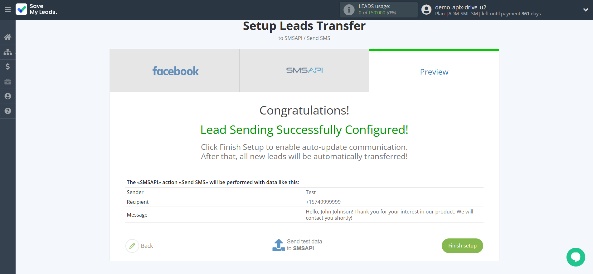 How to Connect Facebook with SMSAPI | Test data