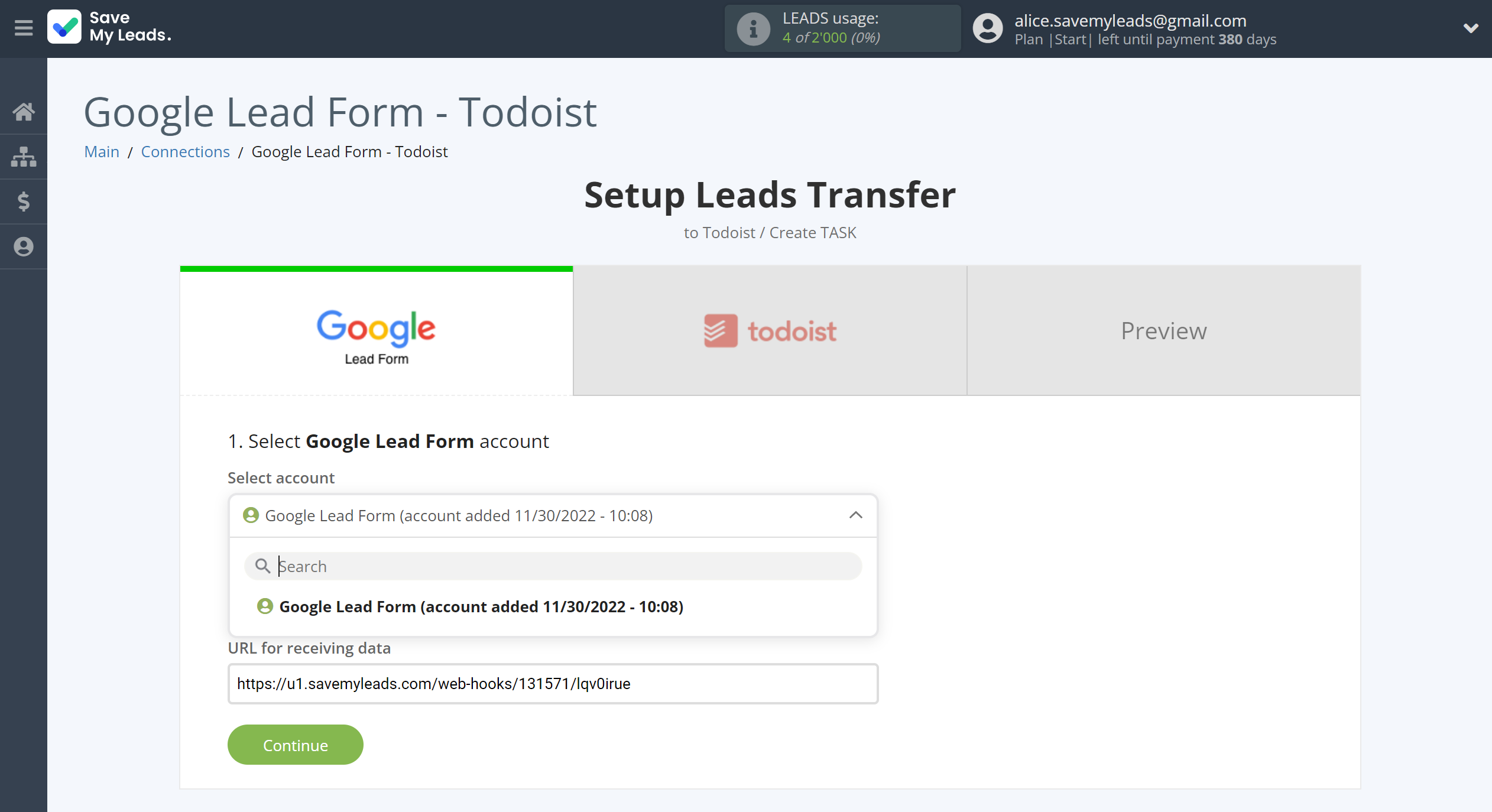 How to Connect Google Lead Form with Todoist | Data Source account connection