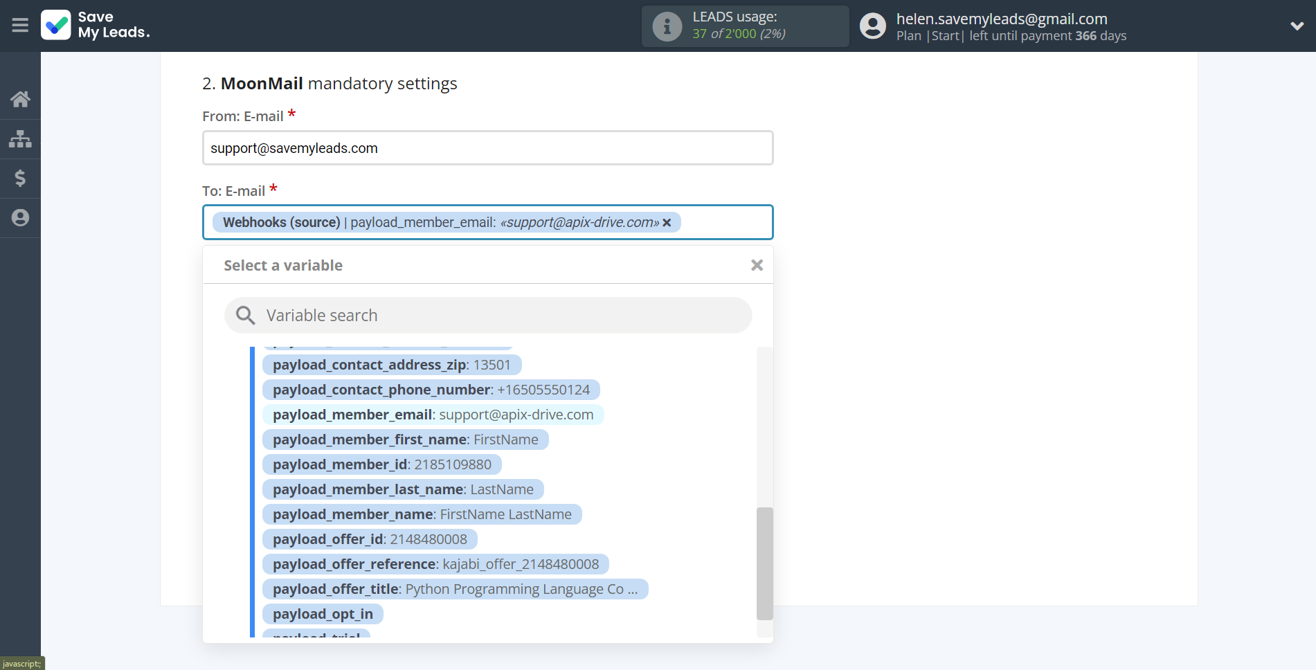 How to Connect Webhooks with MoonMail | Assigning fields