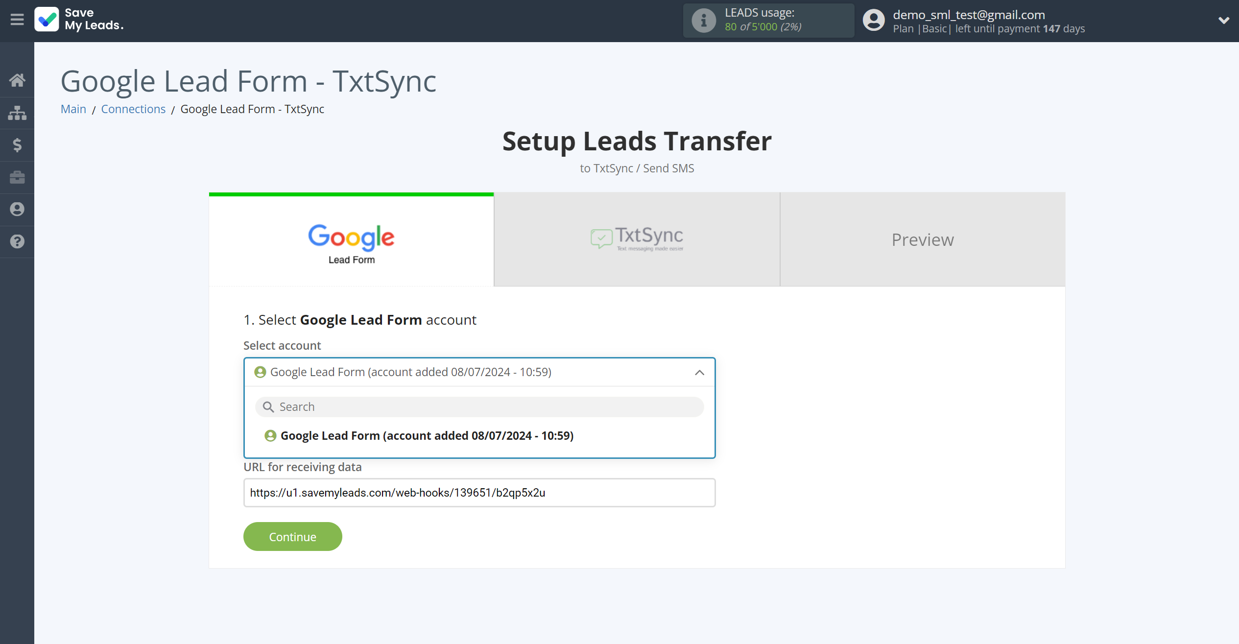 How to Connect Google Lead Form with TxtSync | Data Source account selection