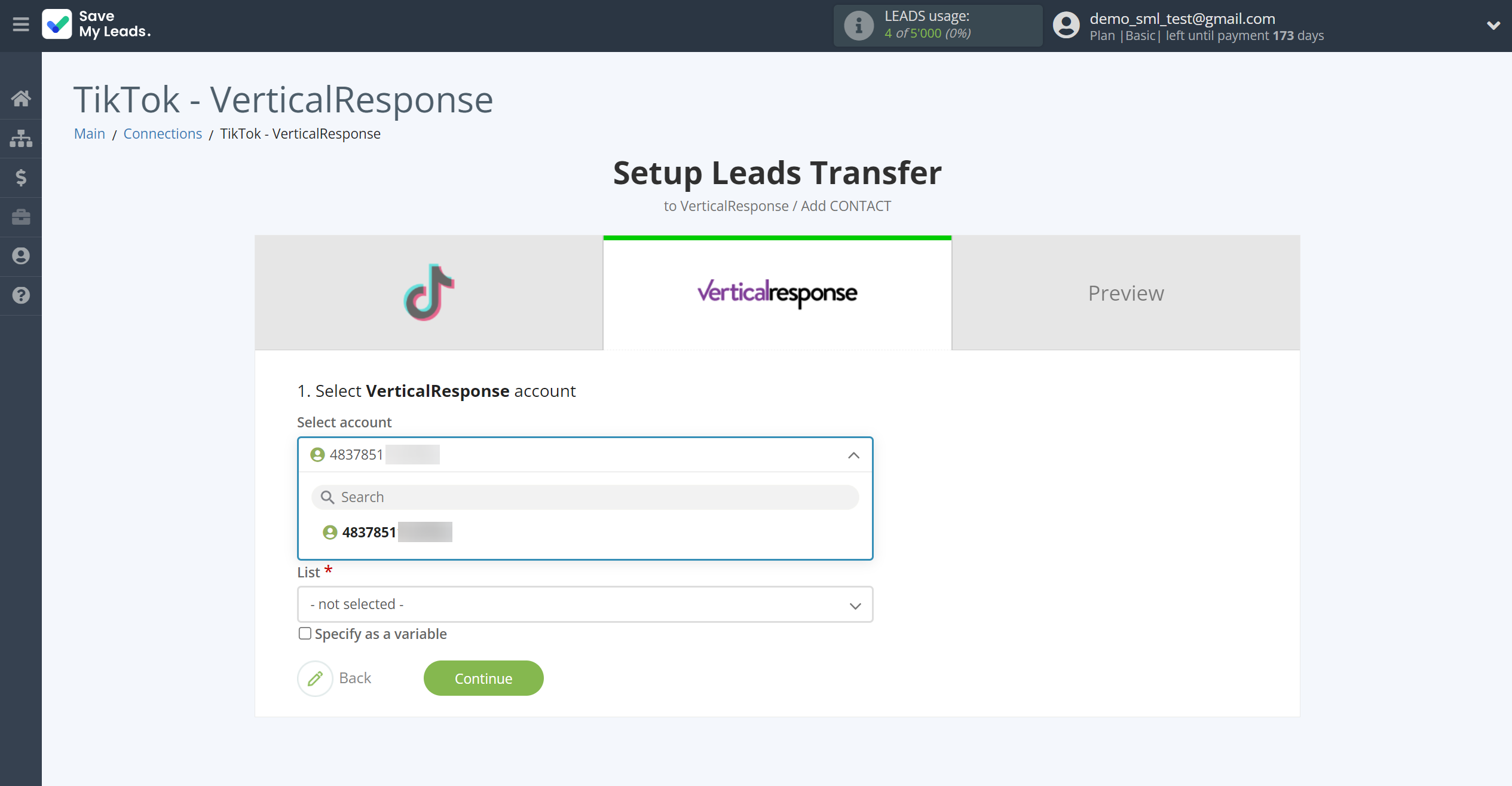 How to Connect TikTok with VerticalResponse | Data Destination account selection