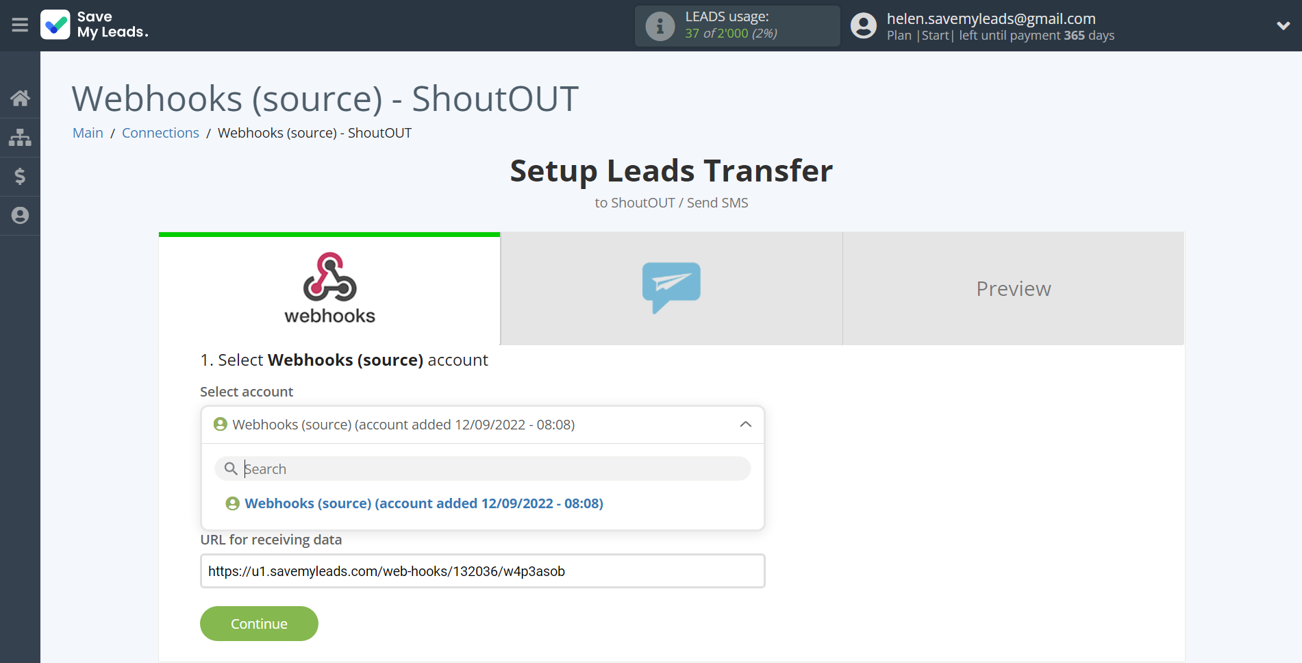 How to Connect Webhooks with ShoutOUT | Data Source account selection