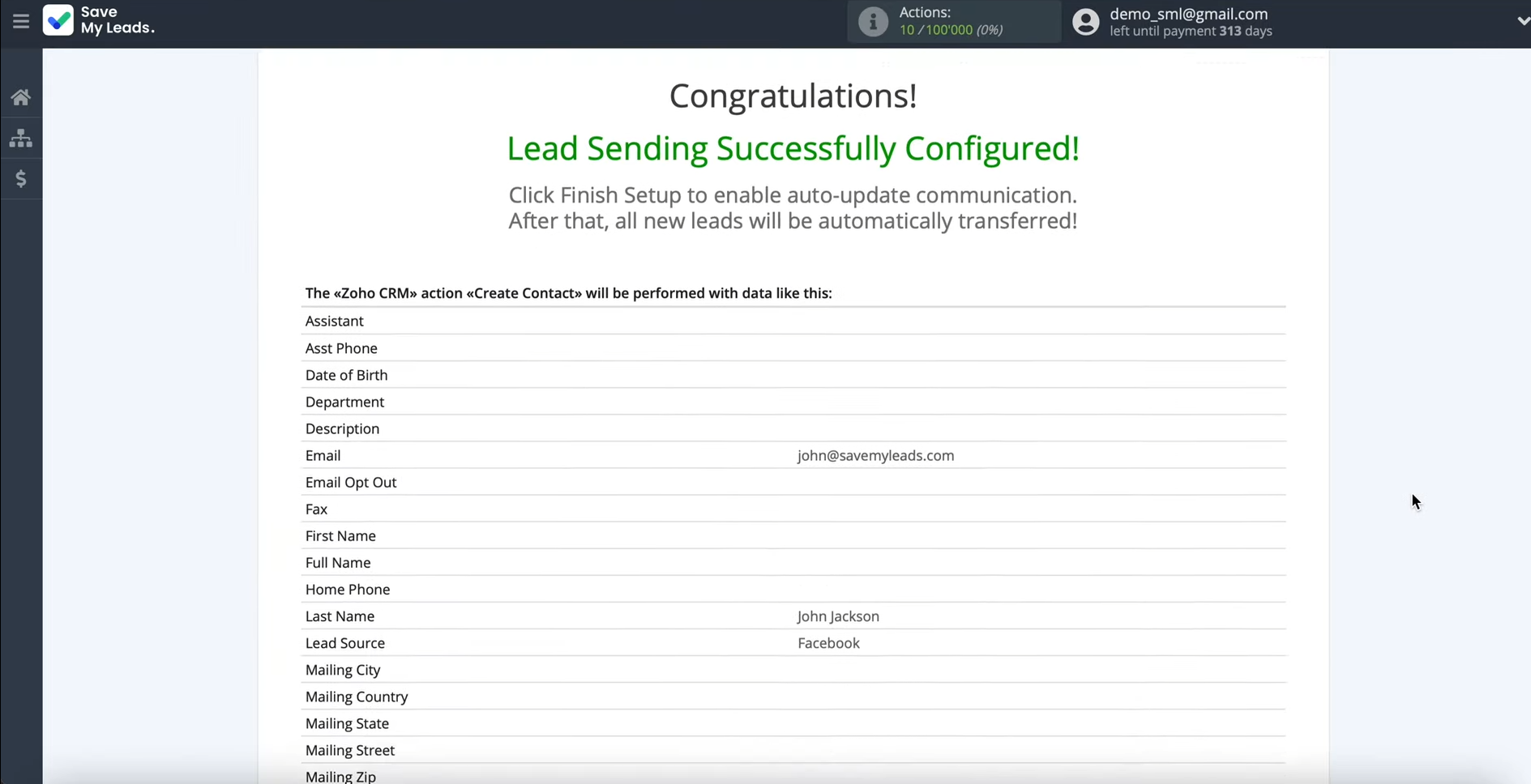 Facebook Lead Ads and Zoho CRM integration | The fields for a contact