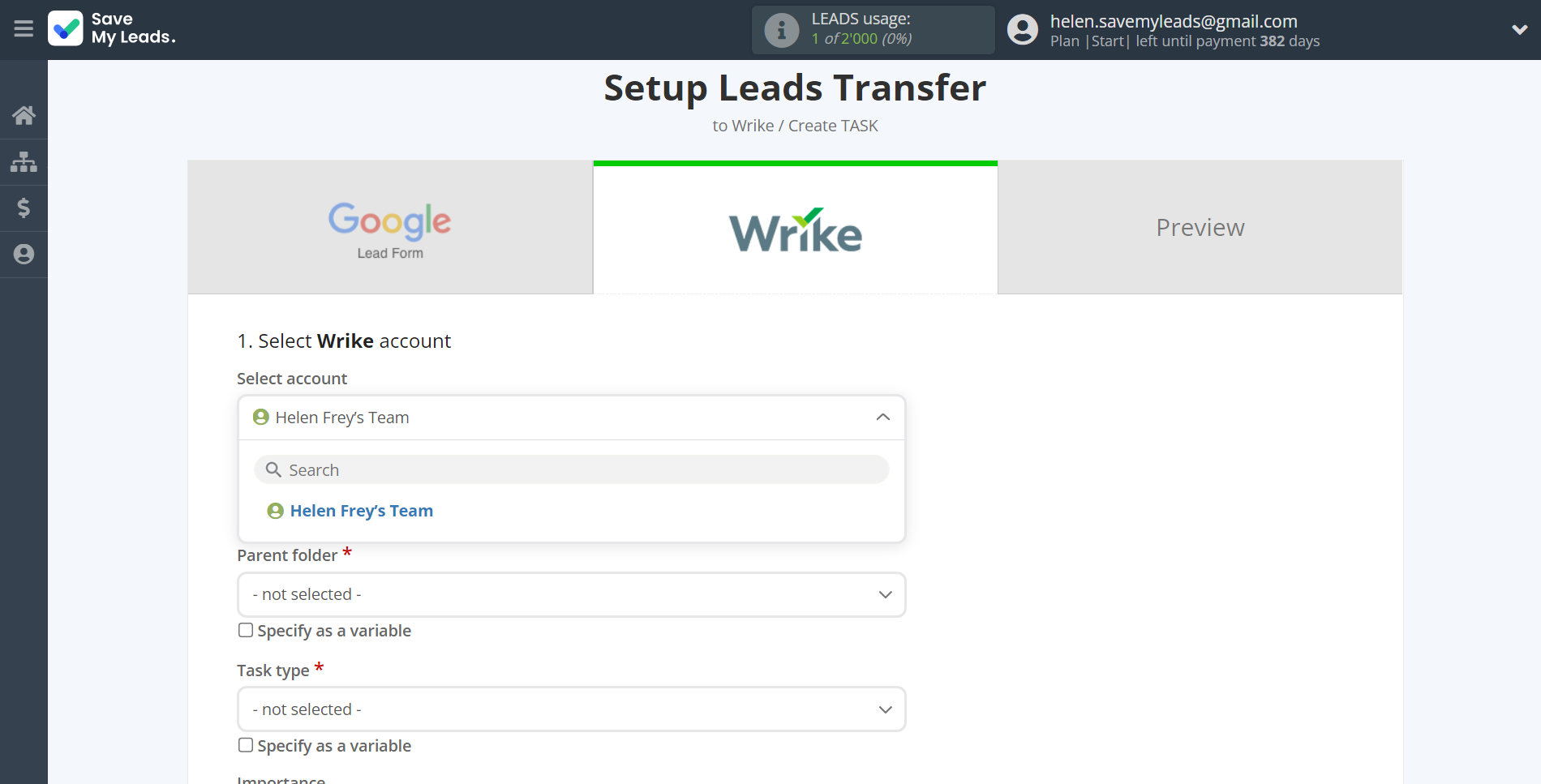 How to Connect Google Lead Form with Wrike | Data Destination account selection