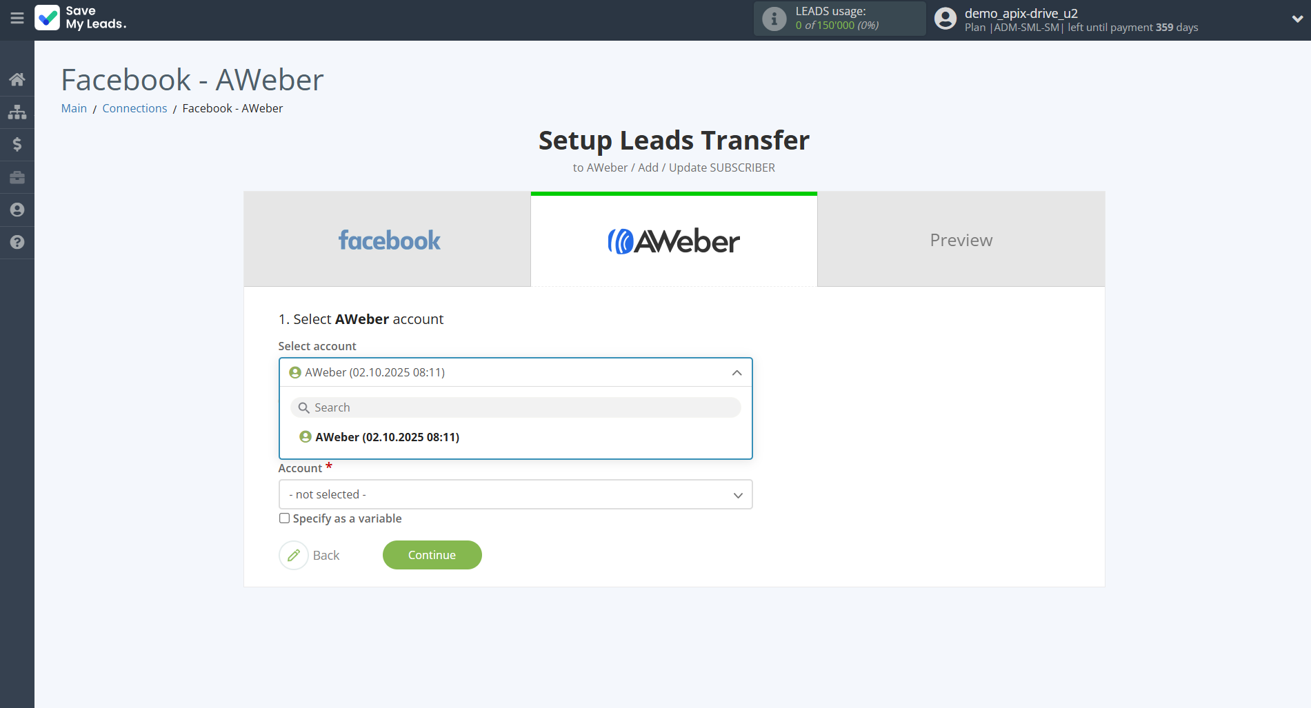 How to Connect Facebook with AWeber | Data Destination account selection
